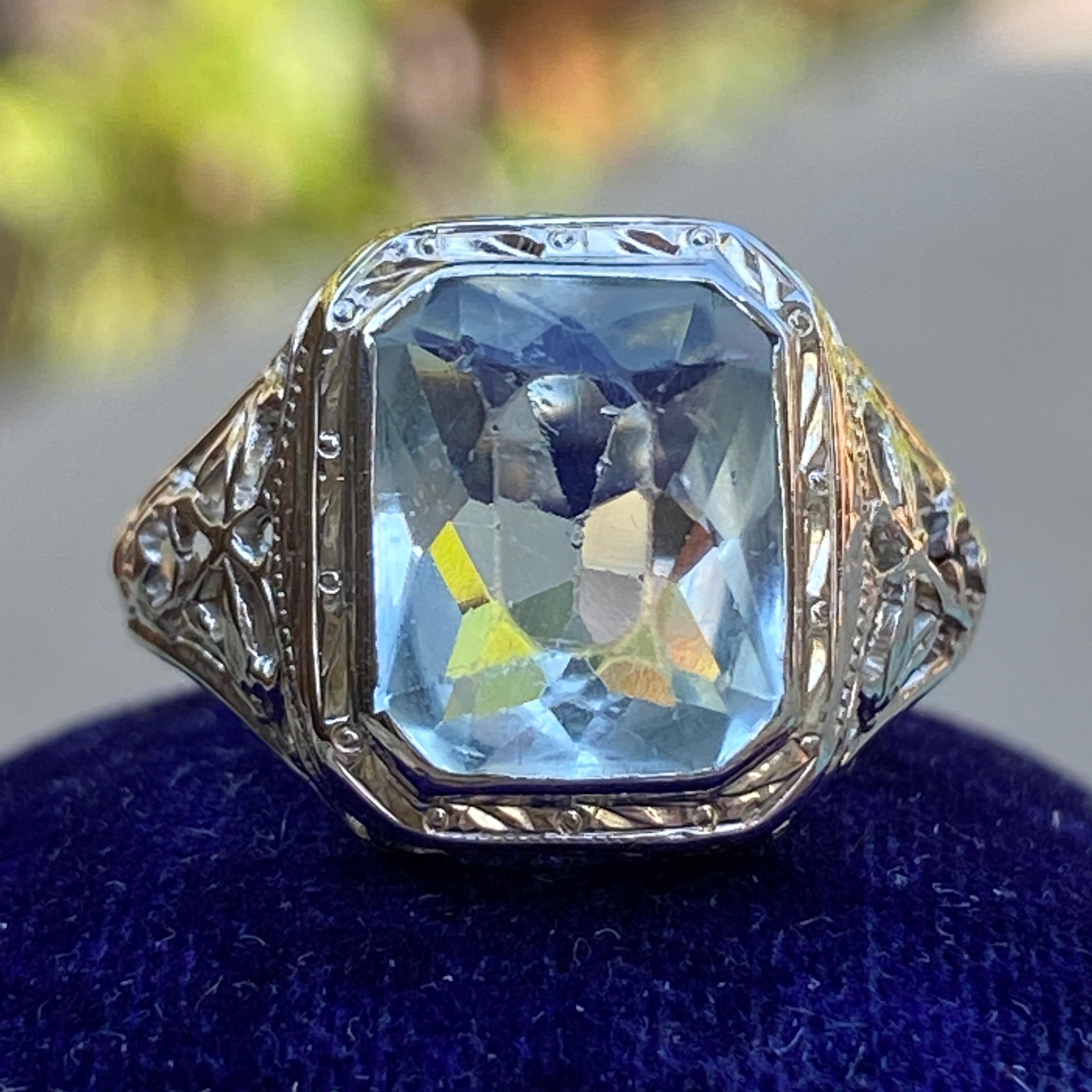 Art Deco Aquamarine 14K Filigree Ring In Good Condition For Sale In Scotts Valley, CA