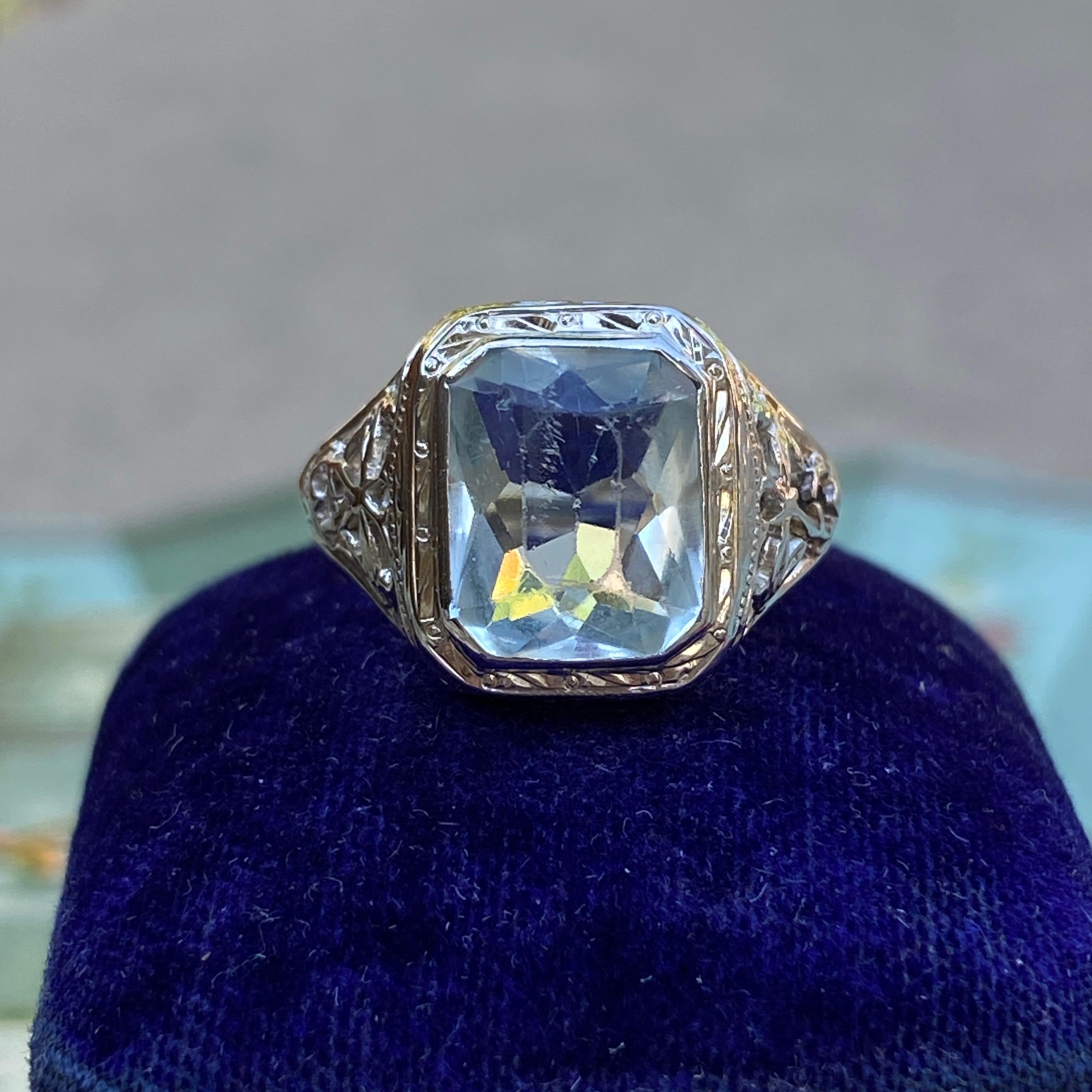 Art Deco Aquamarine 14K Filigree Ring For Sale 3