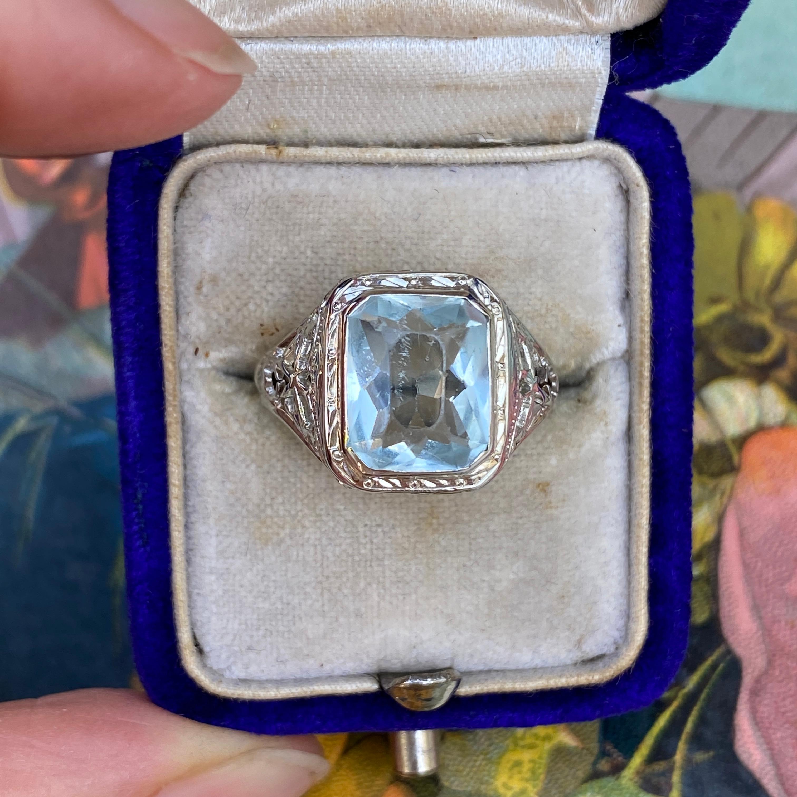 Art Deco Aquamarine 14K Filigree Ring For Sale 4