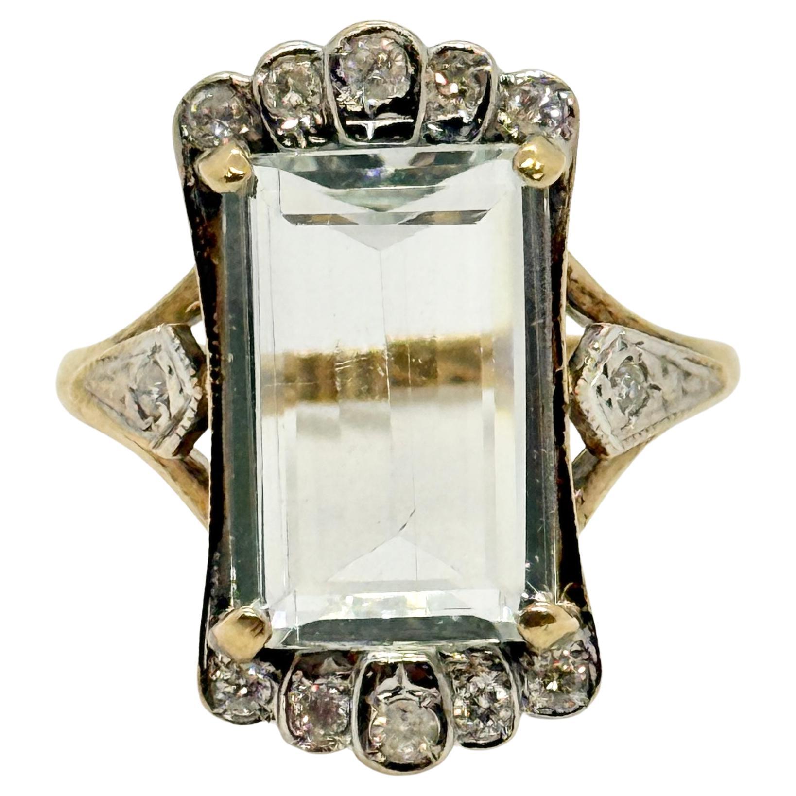 Art Deco Aquamarine and Diamond 9 Carat Gold Solitaire Ring