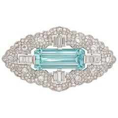 Antique Art Deco Aquamarine and Diamond Brooch