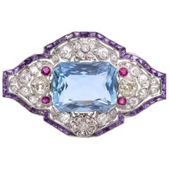 Art Deco Aquamarine and Diamond Brooch Pendant