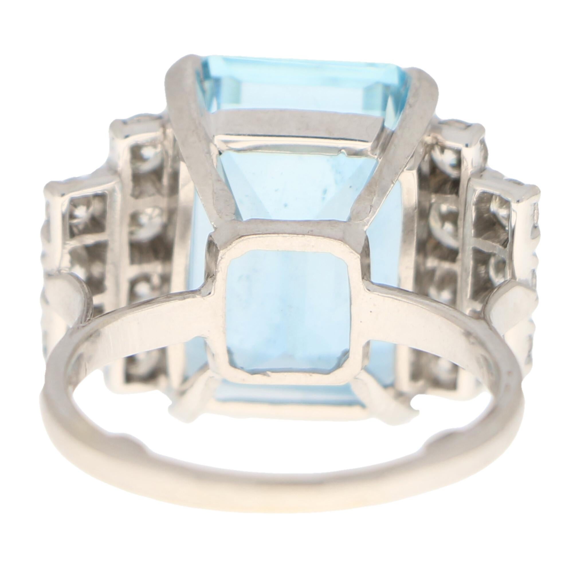 Art Deco Aquamarine and Diamond Cocktail Ring Set in 18 Karat White Gold 2