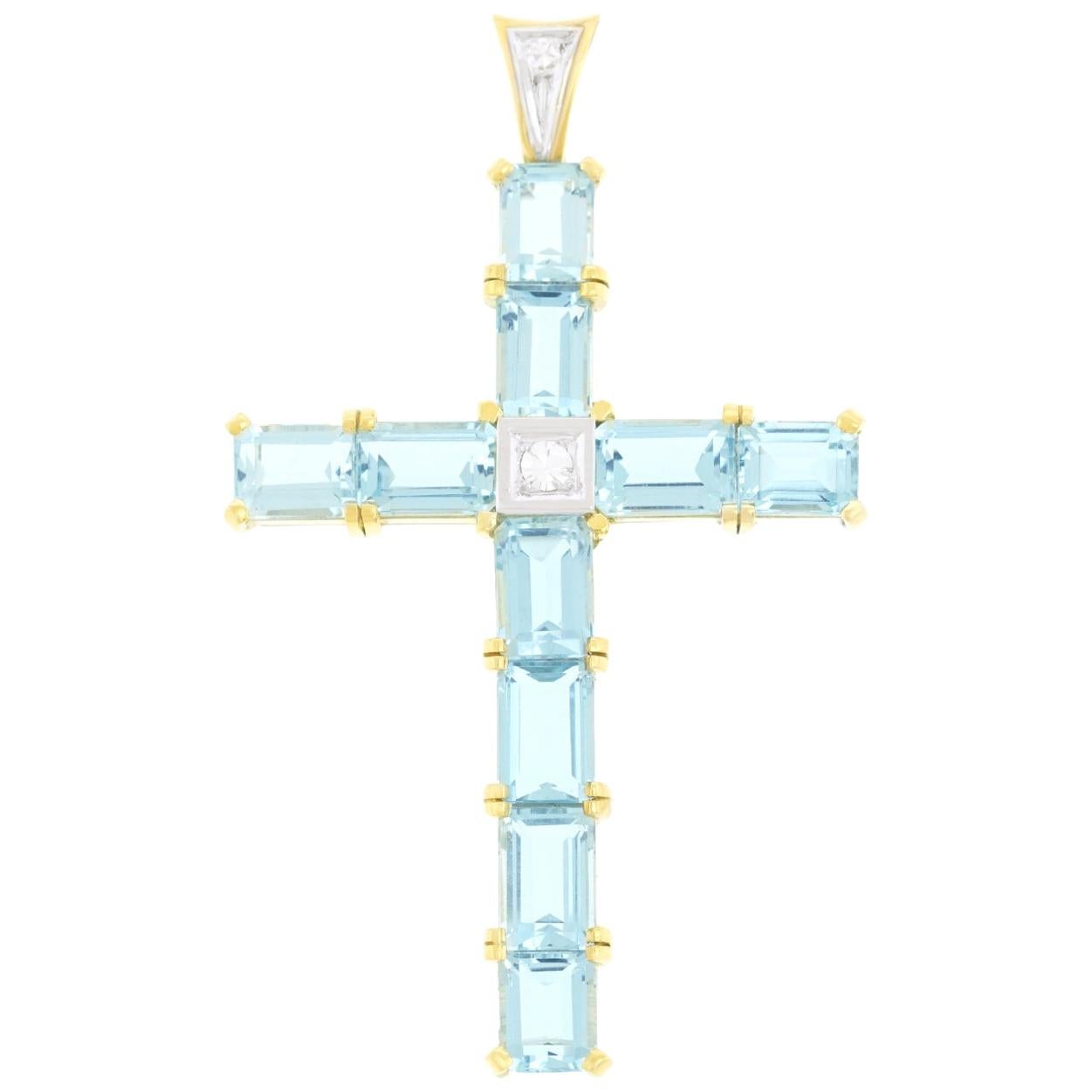 Art Deco Aquamarine and Diamond Cross