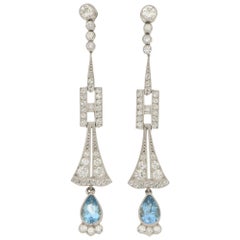 Antique Art Deco Aquamarine and Diamond Drop Earrings Set in Platinum