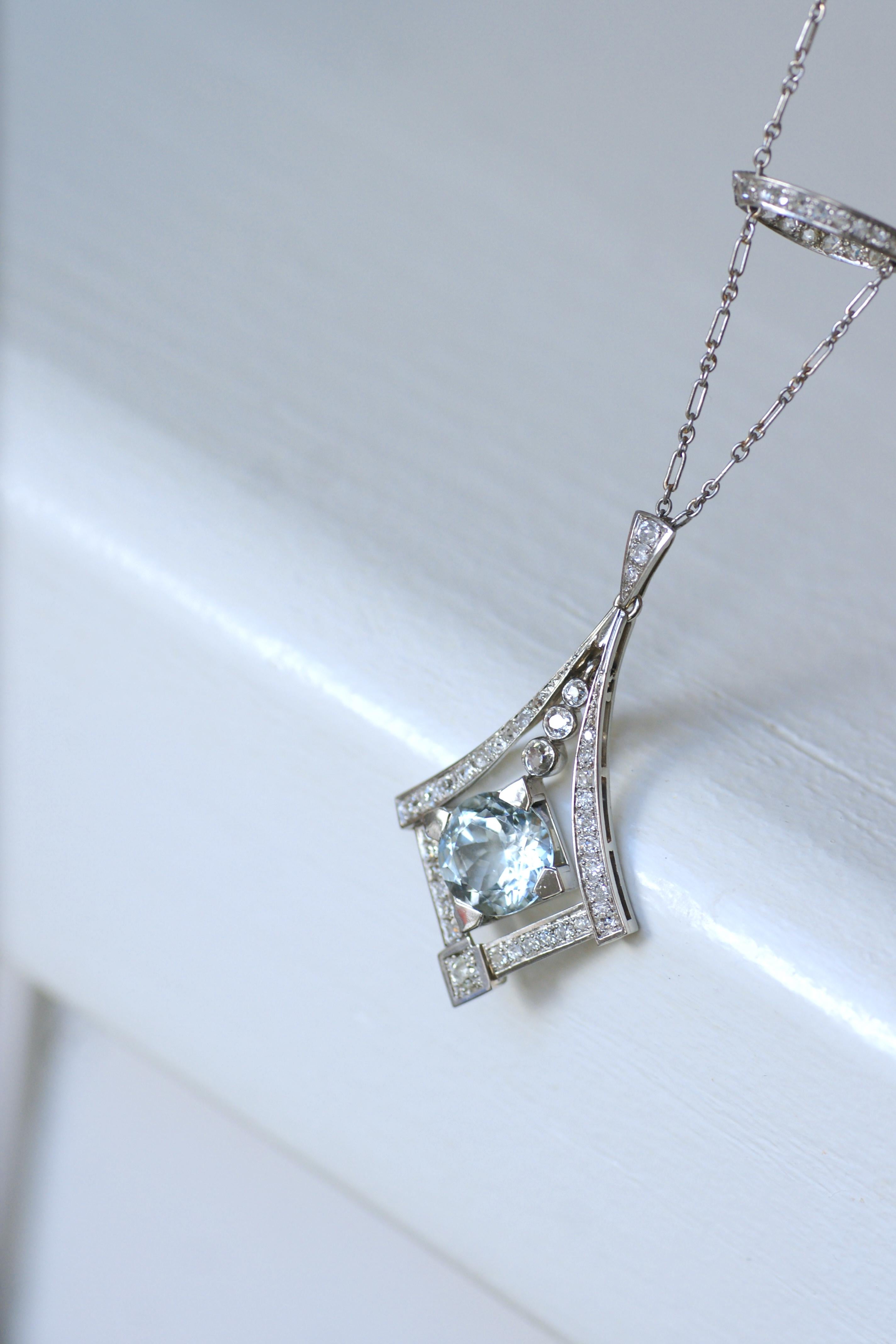 Art Deco Aquamarine And Diamond Necklace In Good Condition In PARIS, FR
