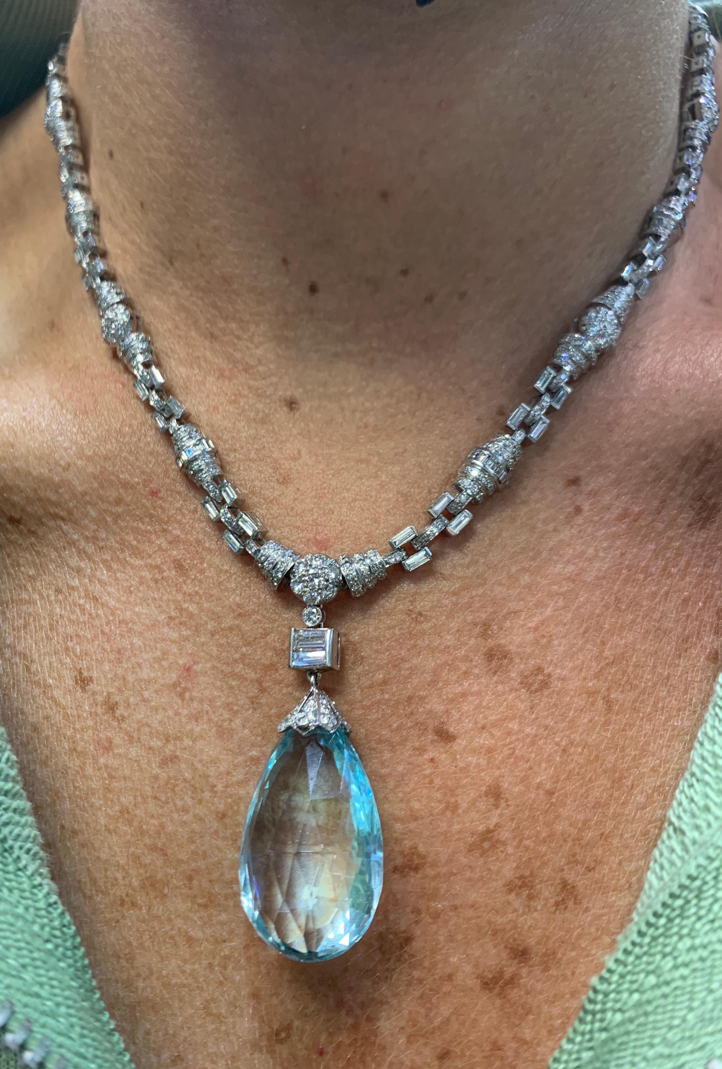 Briolette Cut Art Deco Aquamarine and Diamond Necklace For Sale