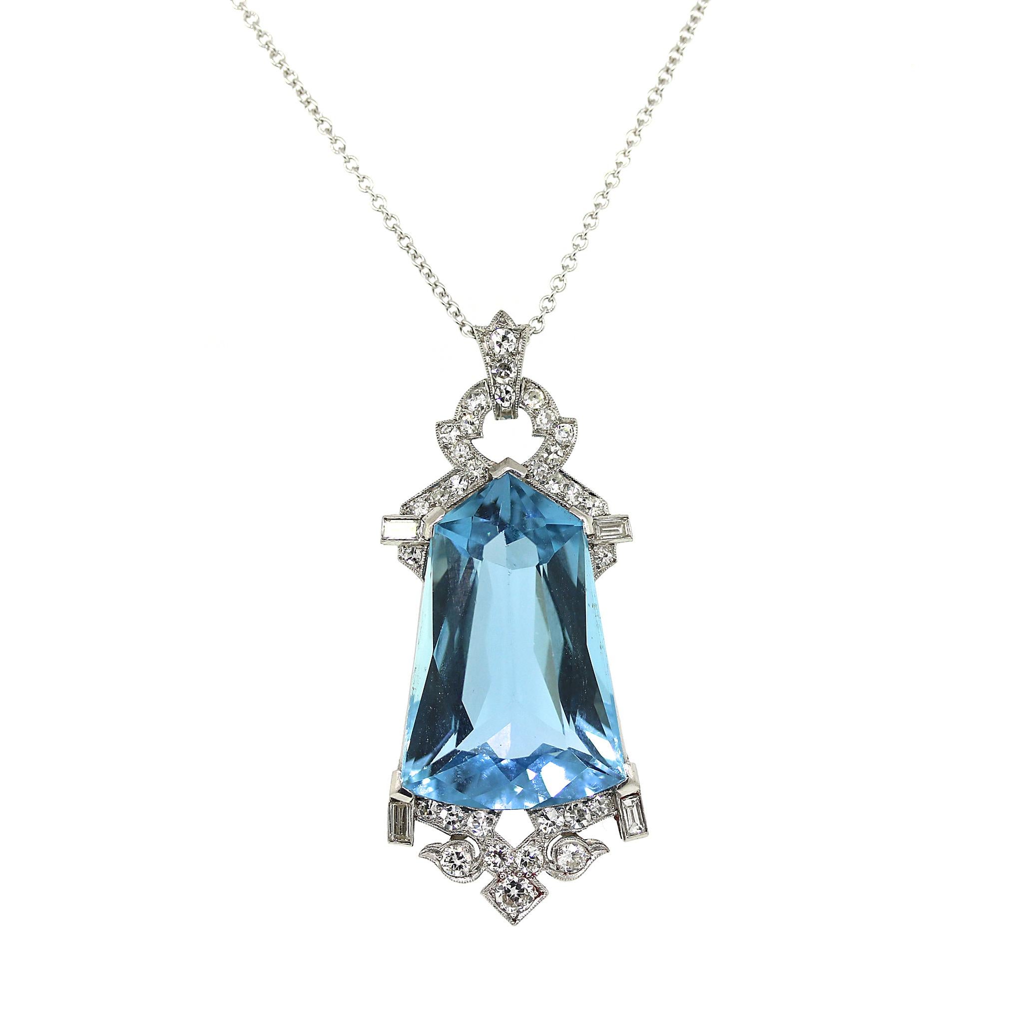 Platinum
Aquamarine: 21.00 tcw - approximately
Diamond: 2.8 ct twd
Pendant Length from Bale to Bottom: 1.75 inches
Total Weight: 8.99 grams