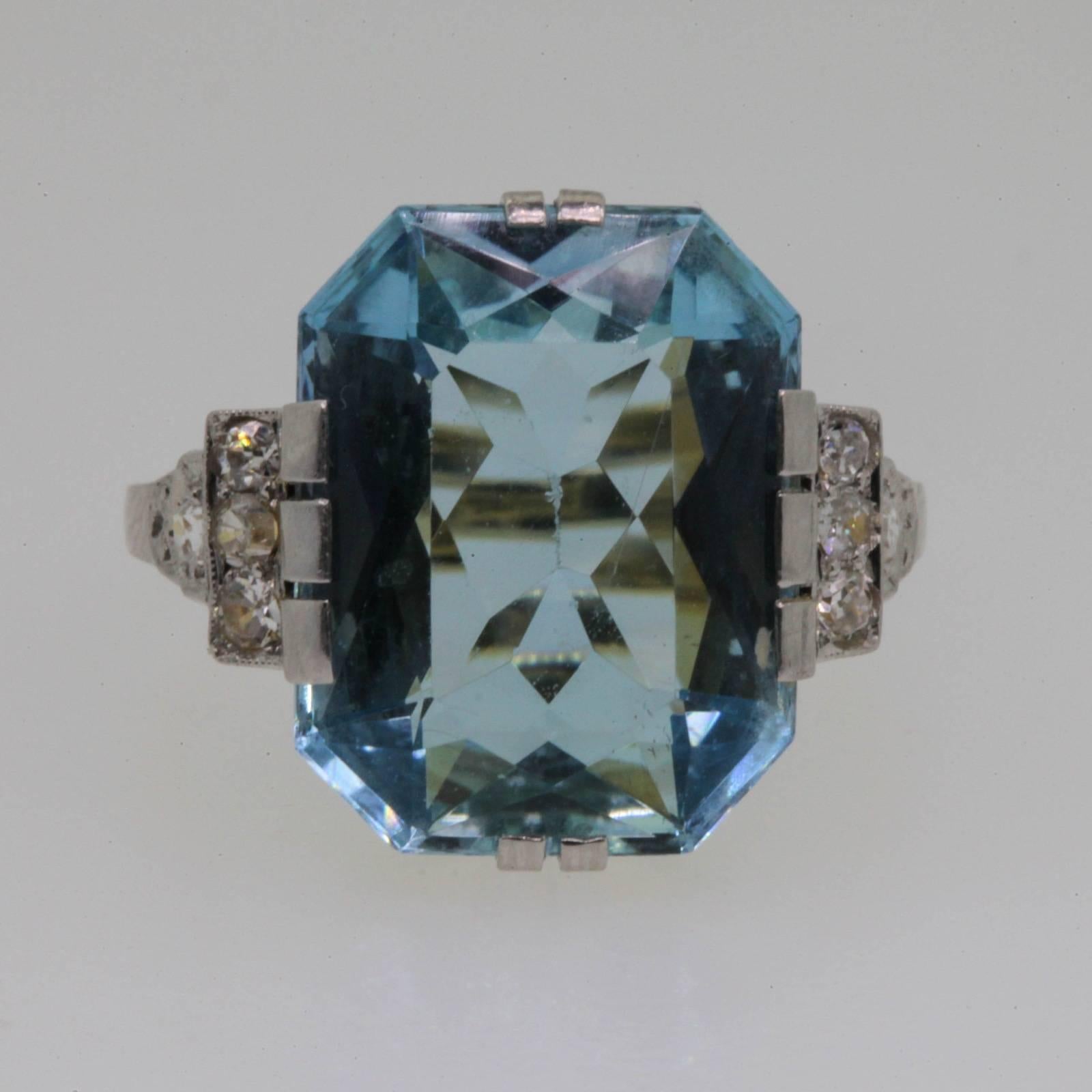 Emerald Cut Art Deco Aquamarine and Diamond Platinum and Gold Ring
