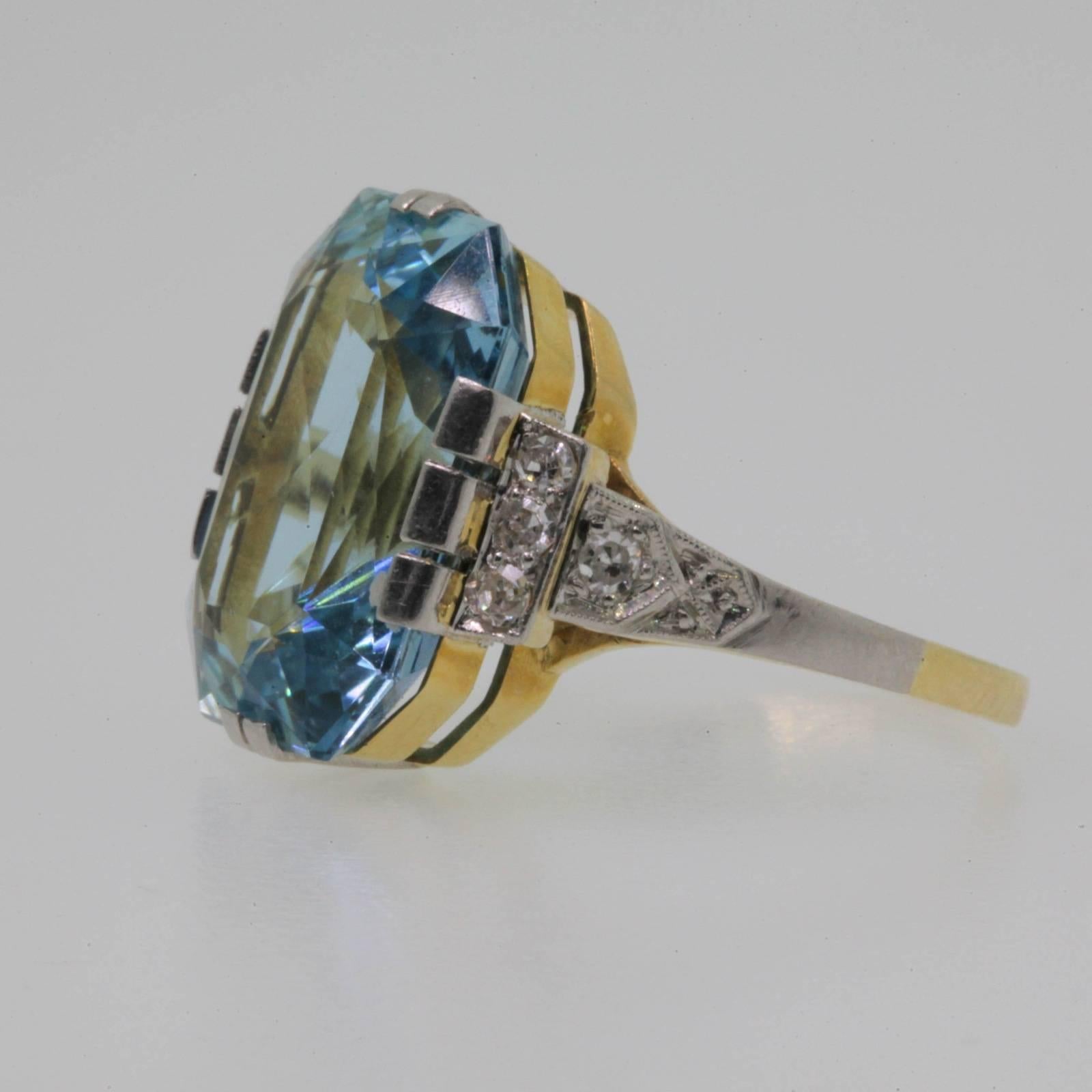Women's Art Deco Aquamarine and Diamond Platinum and Gold Ring