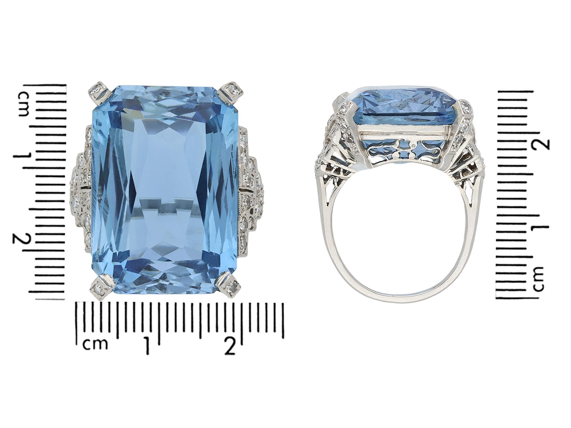 Octagon Cut Art Deco aquamarine and diamond ring, circa 1935. For Sale