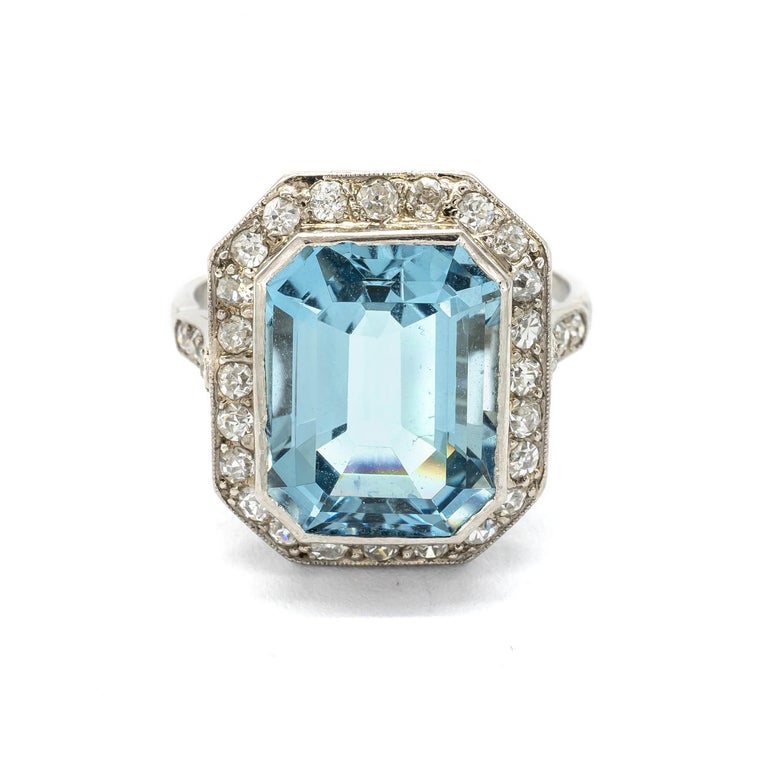 Emerald Cut Art Deco Aquamarine and Diamond Ring