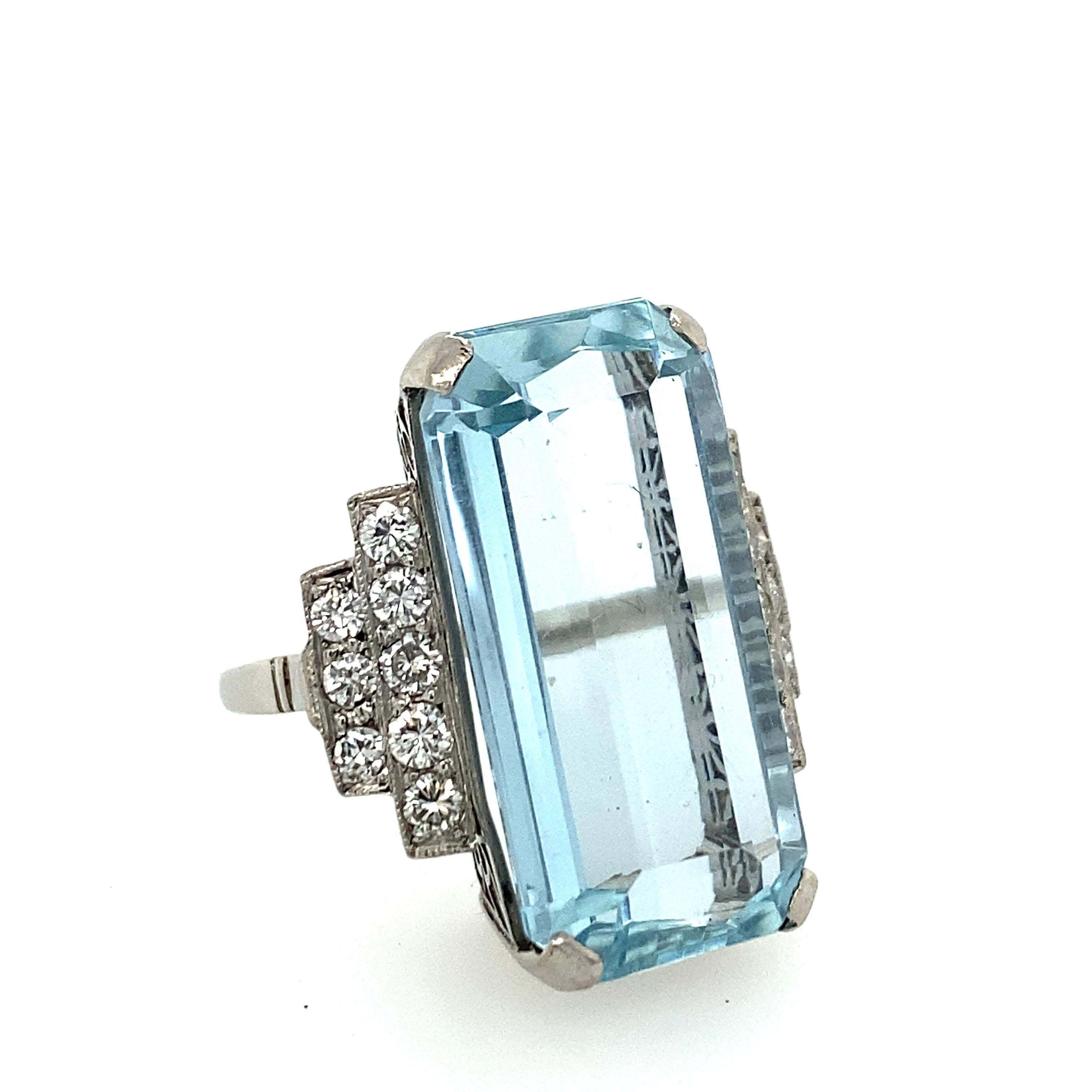 Emerald Cut Art Deco Style Aquamarine and Diamond Ring