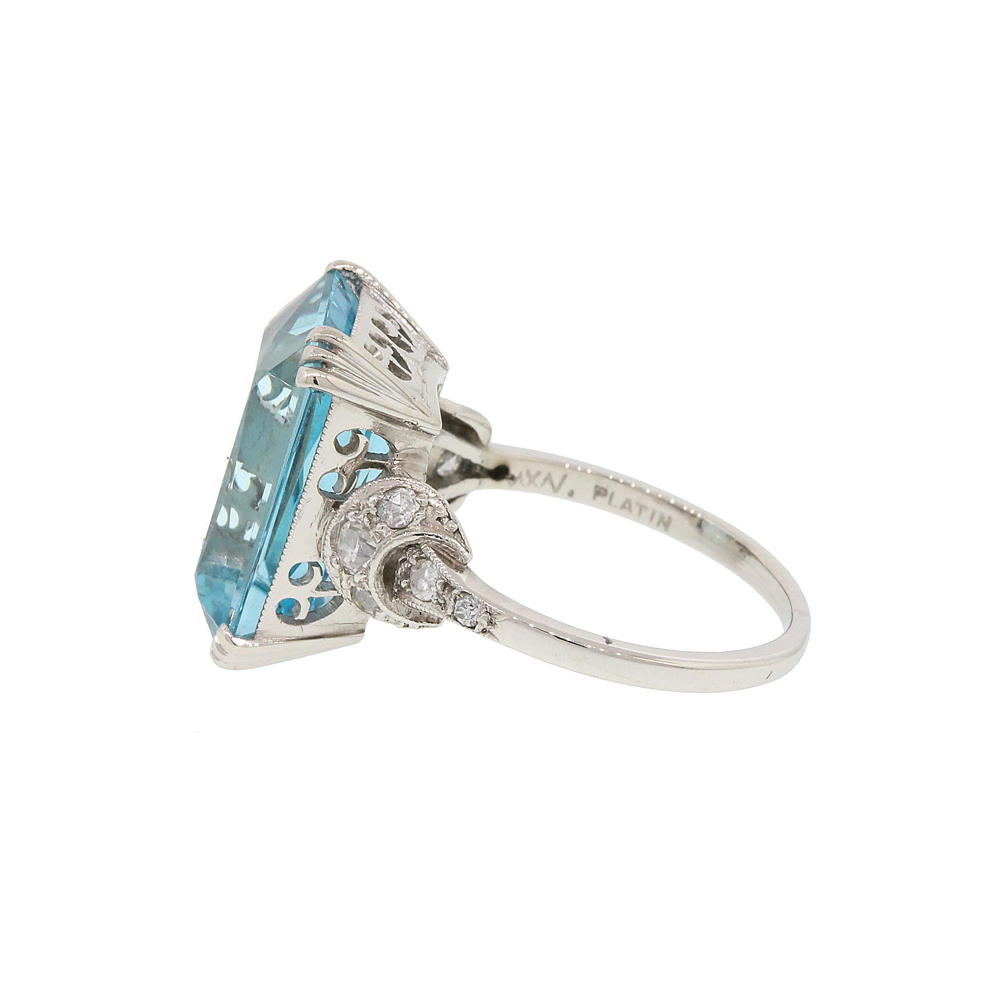 Emerald Cut Art Deco Aquamarine and Diamond Ring