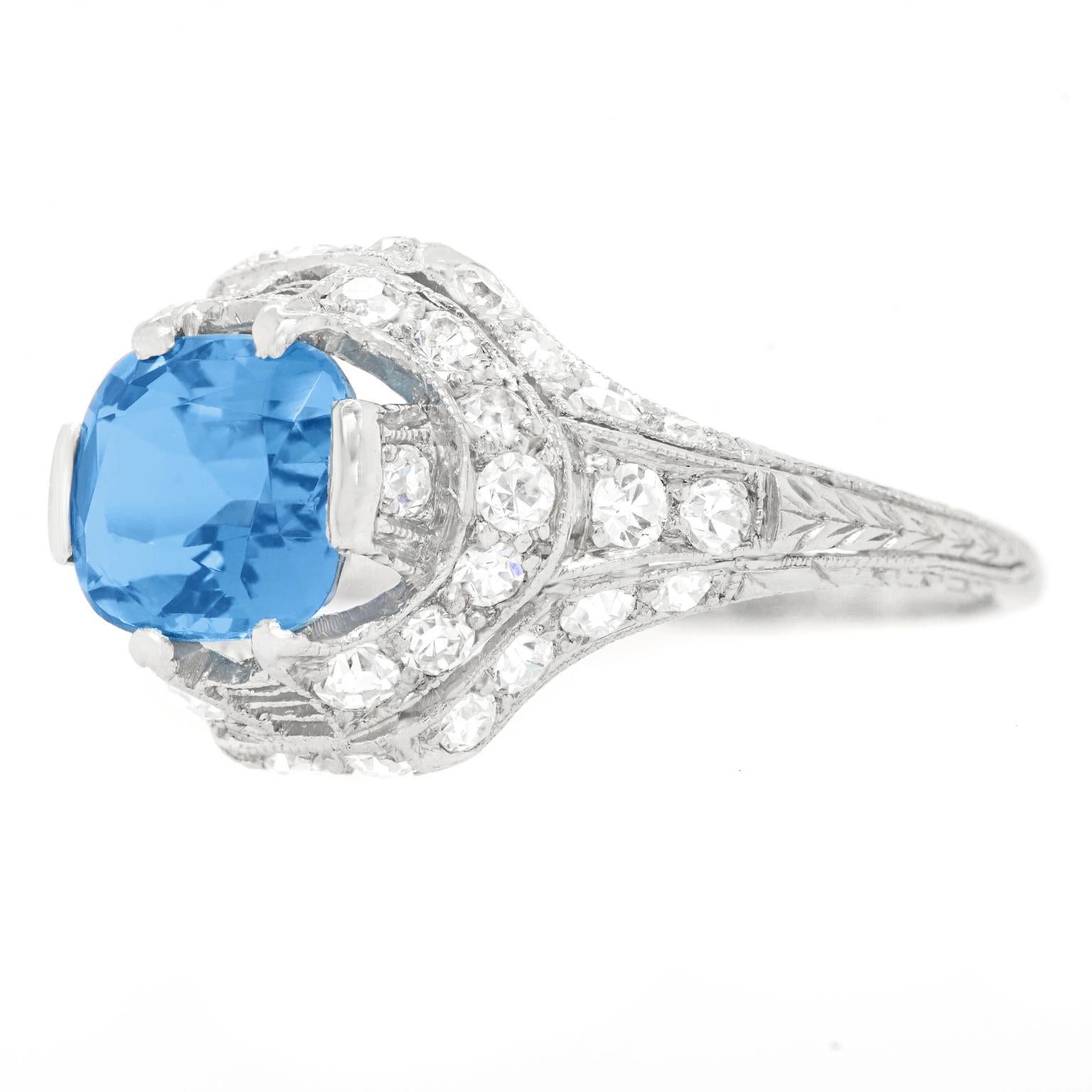 Cushion Cut Art Deco Aquamarine and Diamond Ring Platinum