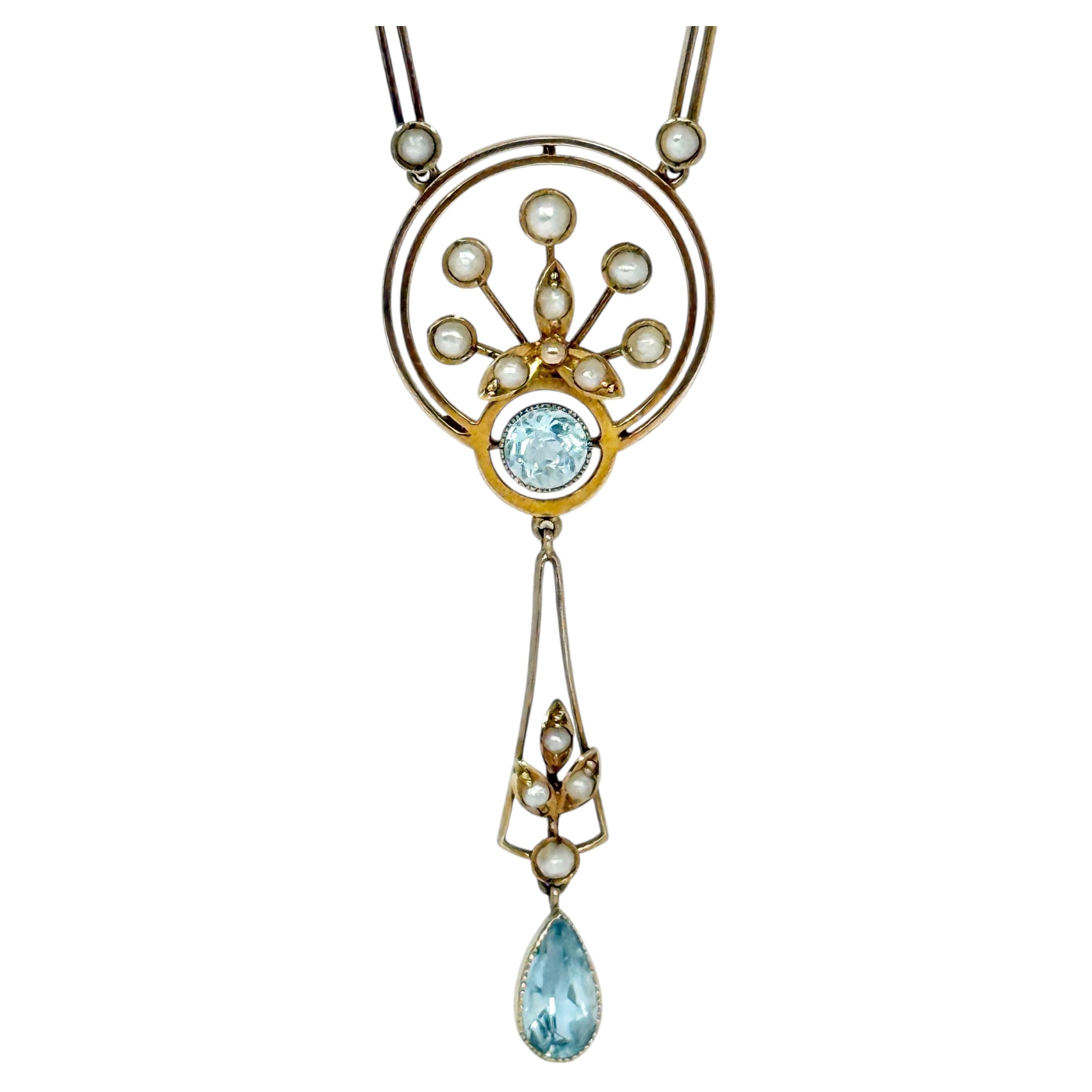 Collana con ciondolo in oro 18 carati Art Deco con acquamarina e perla