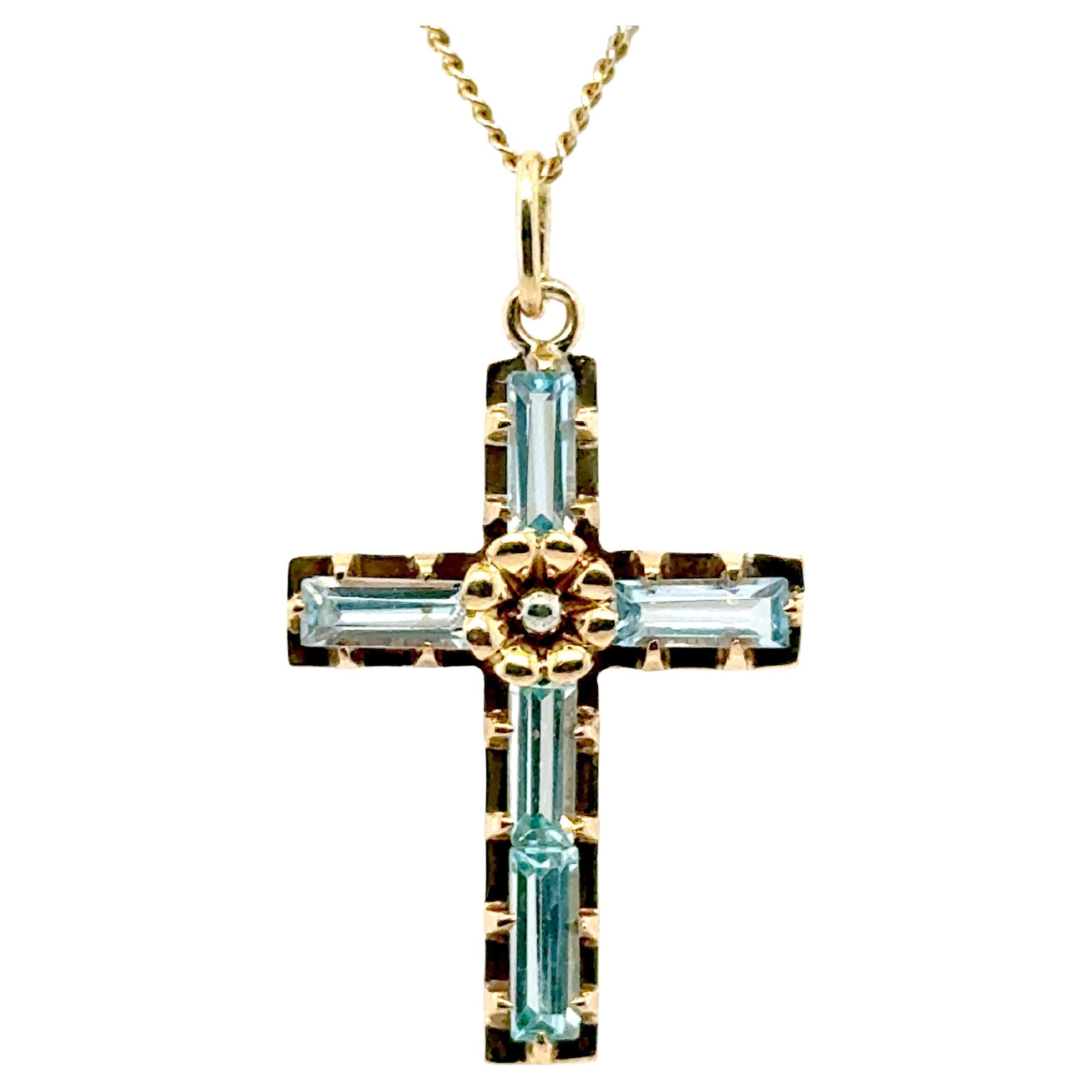 Art Deco Aquamarine Cross Pendant 1.50ct 14K March Birthstone Original 1940-1950
