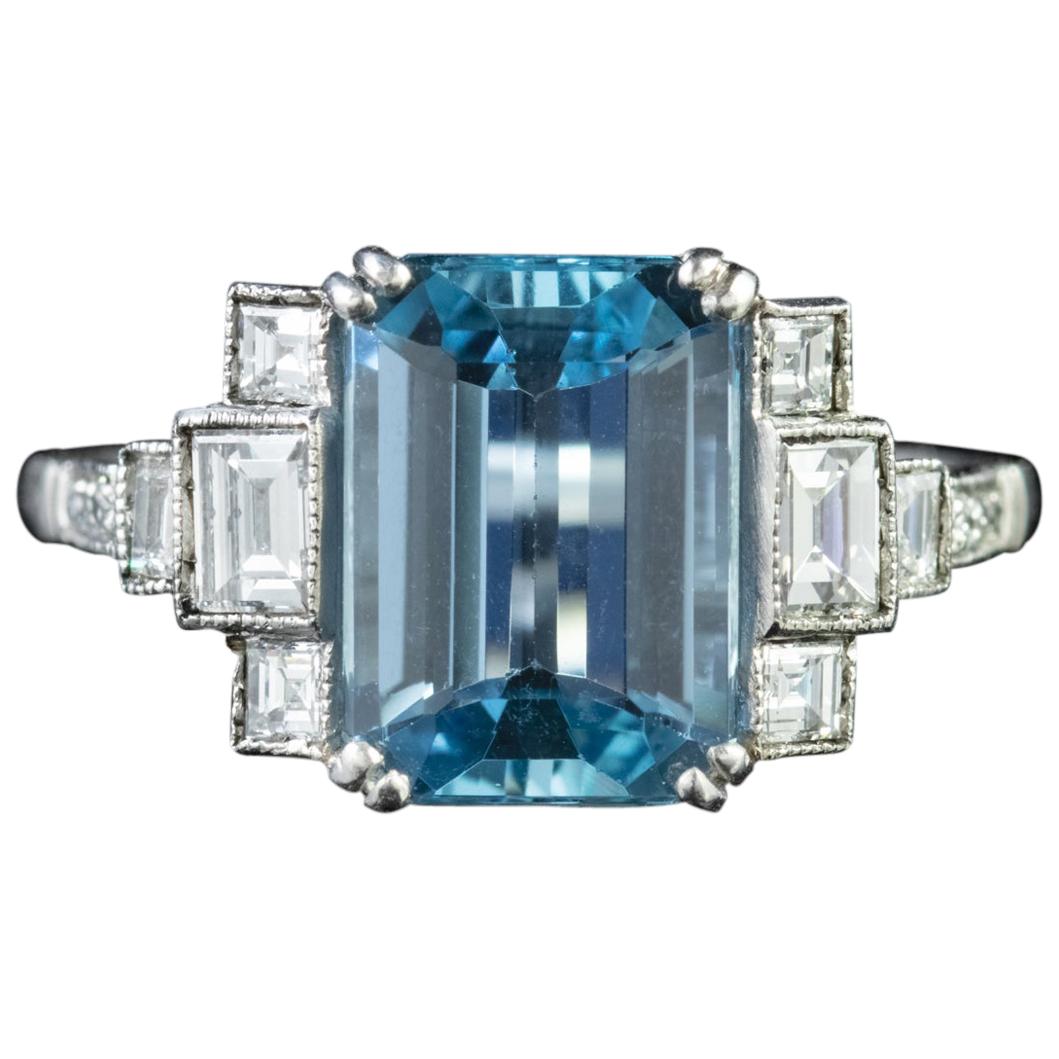 Art Deco Aquamarine Diamond 18 Carat White Gold 3.50 Carat Aqua Ring