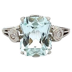 Art Deco Aquamarine Diamond 18 Karat White Gold Three Stone Ring