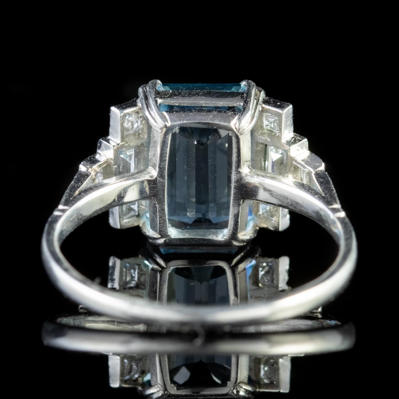 Women's Art Deco Aquamarine Diamond 18 Carat White Gold 3.50 Carat Aqua Ring
