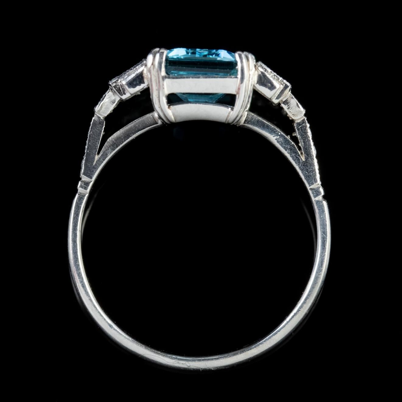 Art Deco Aquamarine Diamond 18 Carat White Gold 3.50 Carat Aqua Ring 1