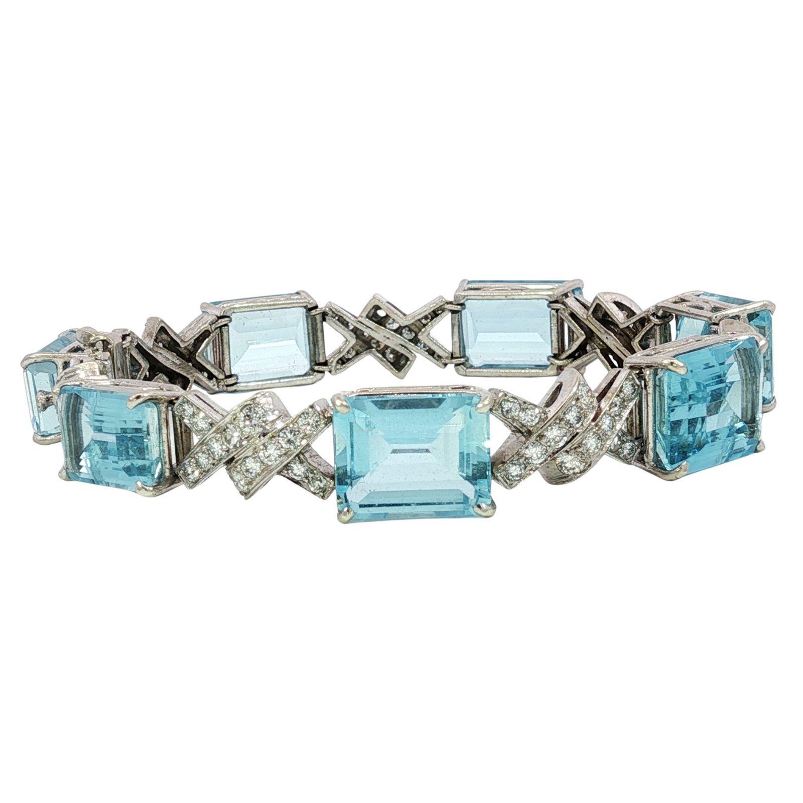 Art Deco Aquamarin-Diamant-Armband ~35,9ctw 14K Weißgold im Angebot 5