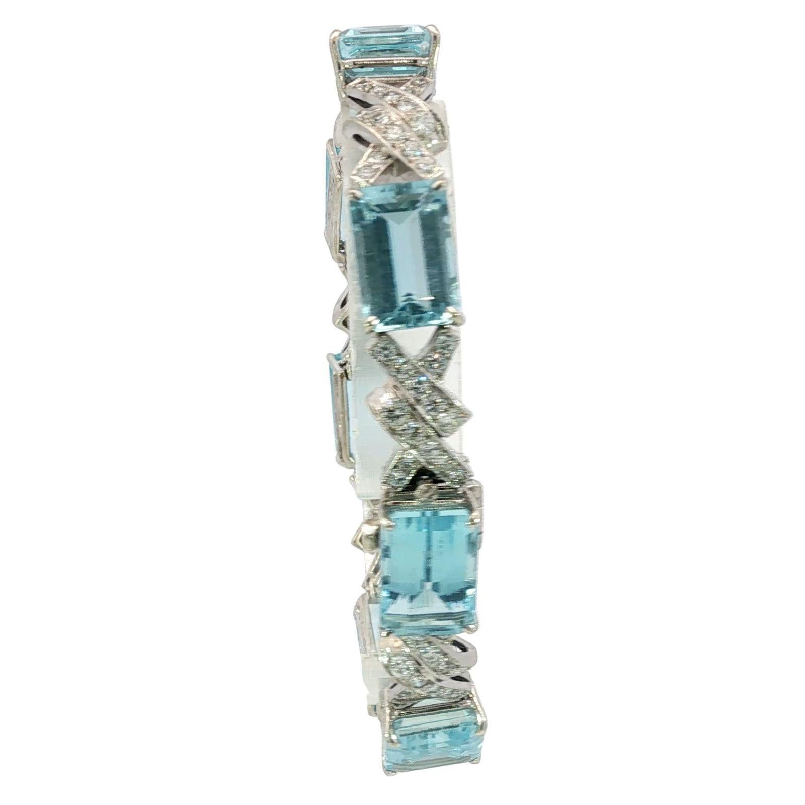 Art Deco Aquamarin-Diamant-Armband ~35,9ctw 14K Weißgold im Angebot 6