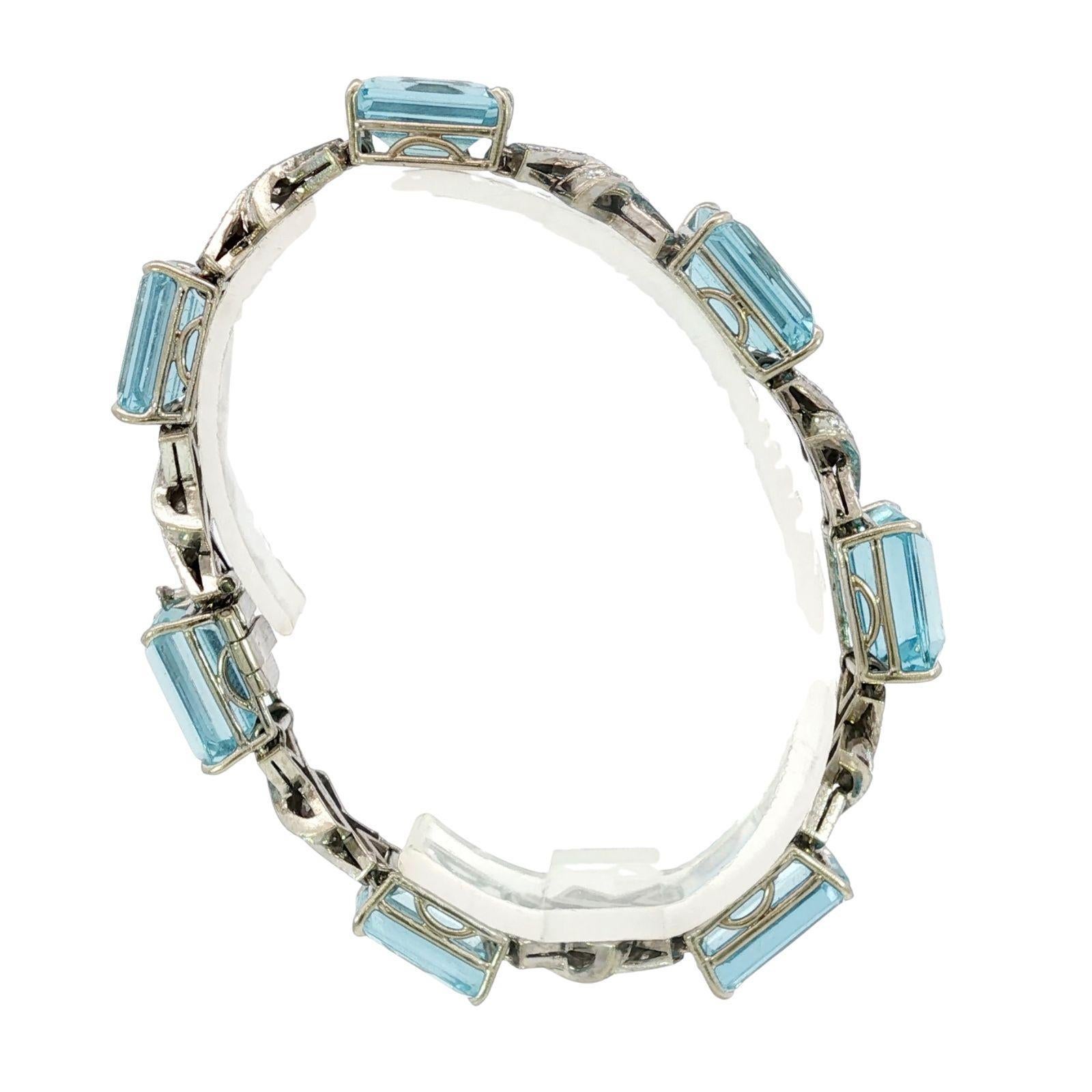 Art Deco Aquamarin-Diamant-Armband ~35,9ctw 14K Weißgold im Angebot 7