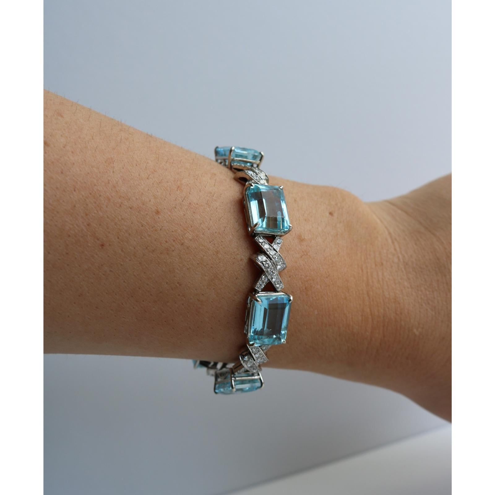 Art Deco Aquamarin-Diamant-Armband ~35,9ctw 14K Weißgold im Angebot 8