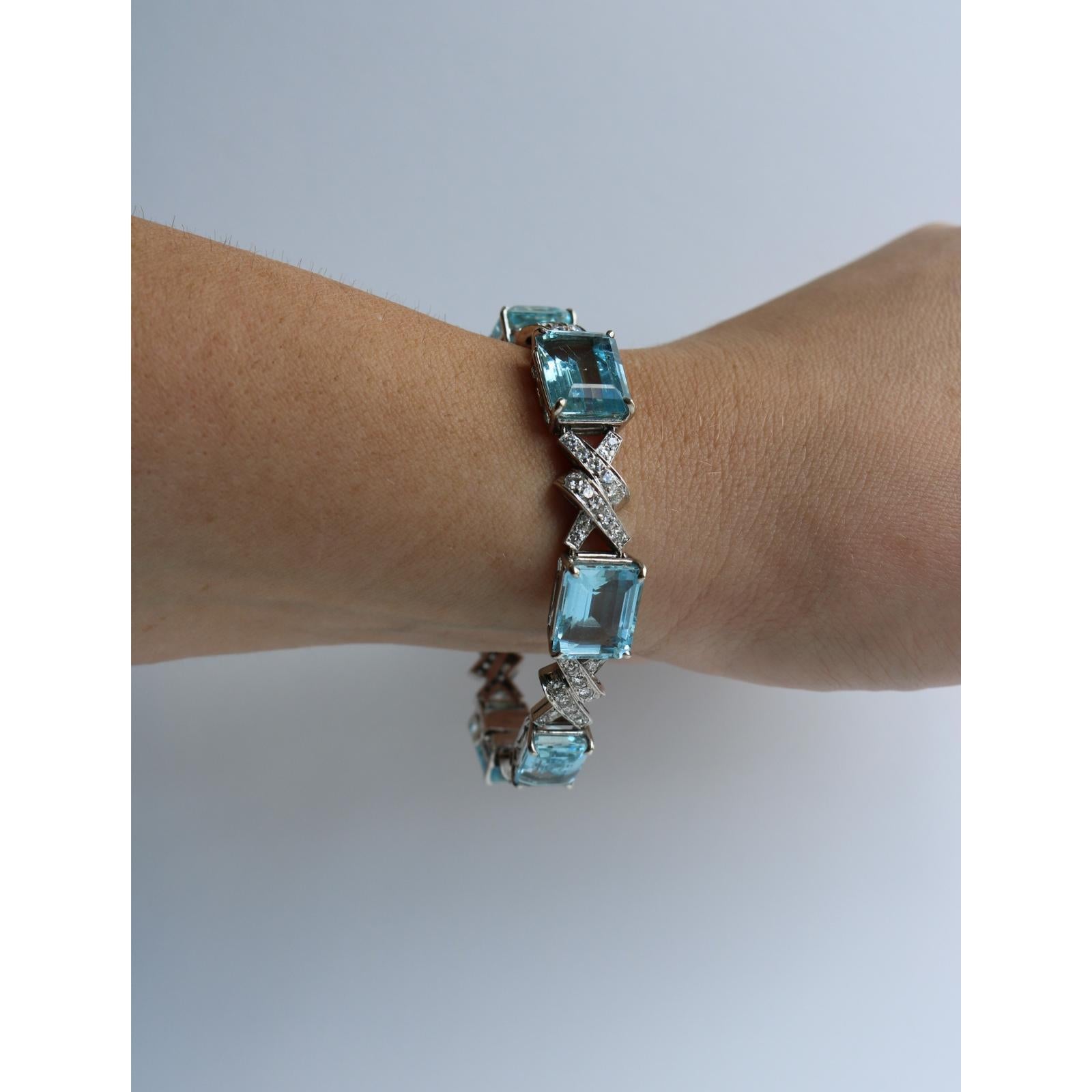 Art Deco Aquamarin-Diamant-Armband ~35,9ctw 14K Weißgold im Angebot 9