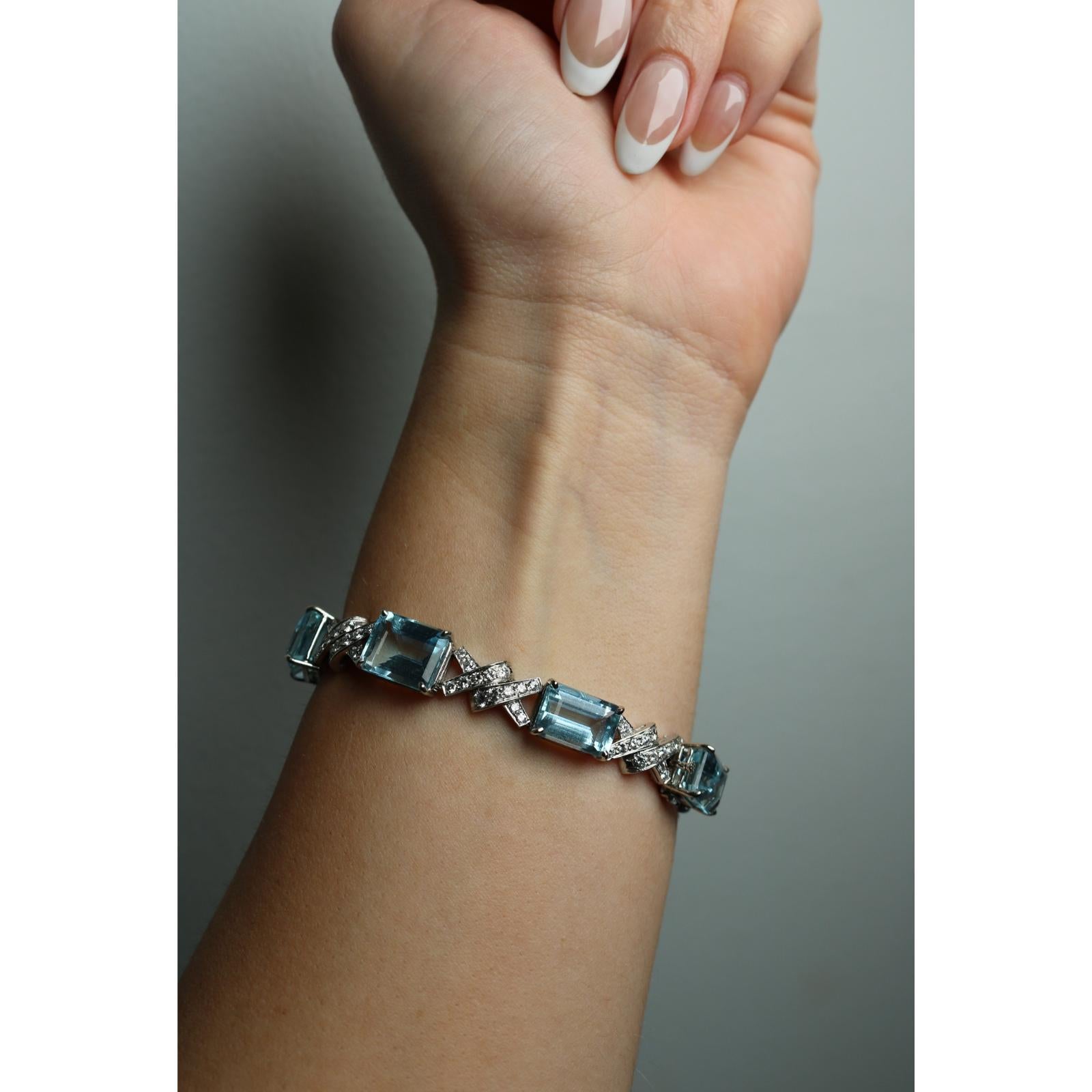 Art Deco Aquamarin-Diamant-Armband ~35,9ctw 14K Weißgold im Angebot 10