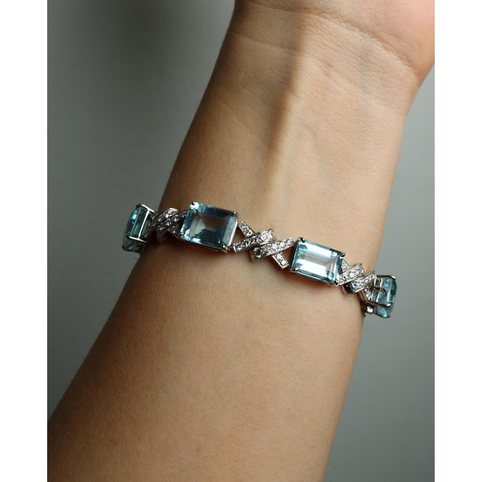 Art Deco Aquamarin-Diamant-Armband ~35,9ctw 14K Weißgold im Angebot 11