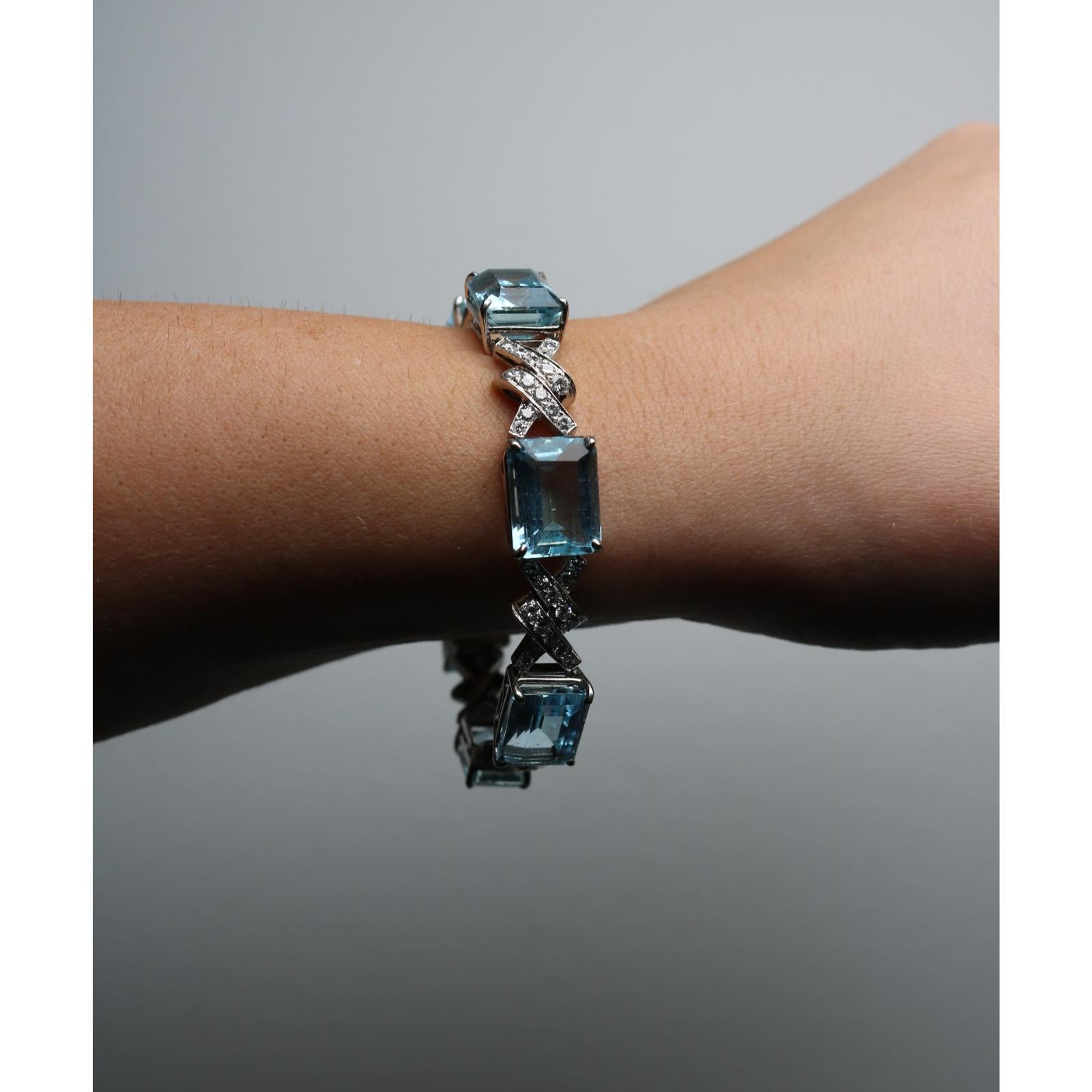 Art Deco Aquamarin-Diamant-Armband ~35,9ctw 14K Weißgold im Angebot 12