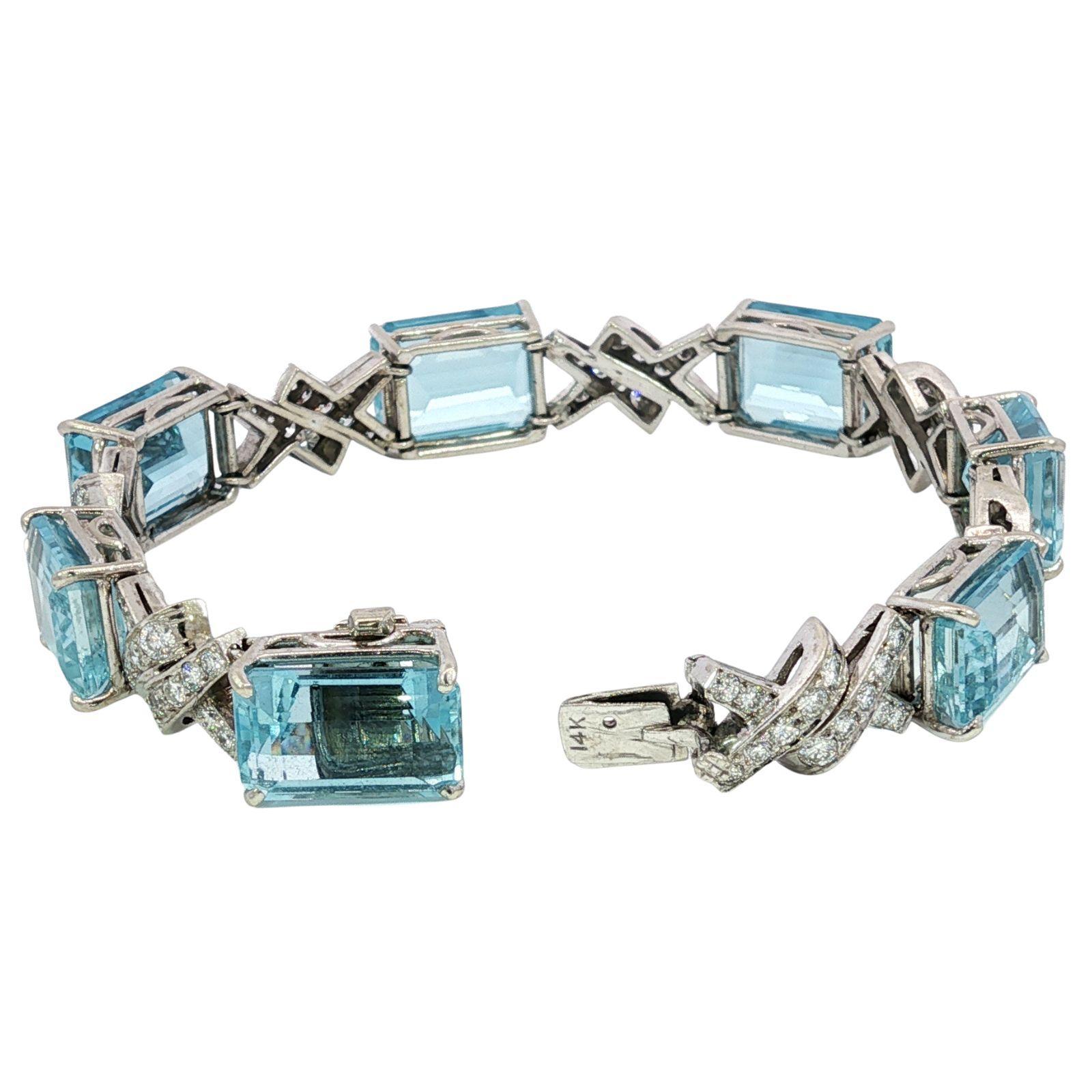 Art Deco Aquamarin-Diamant-Armband ~35,9ctw 14K Weißgold (Smaragdschliff) im Angebot