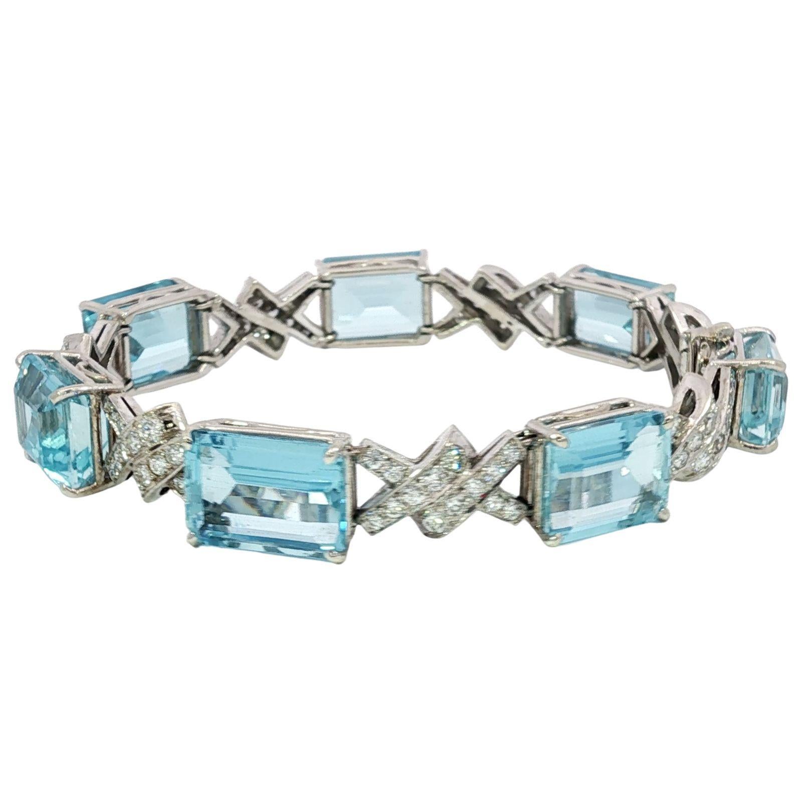 Art Deco Aquamarin-Diamant-Armband ~35,9ctw 14K Weißgold Damen im Angebot