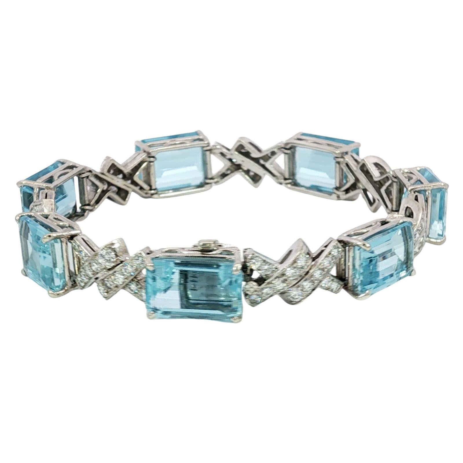 Art Deco Aquamarin-Diamant-Armband ~35,9ctw 14K Weißgold im Angebot 1
