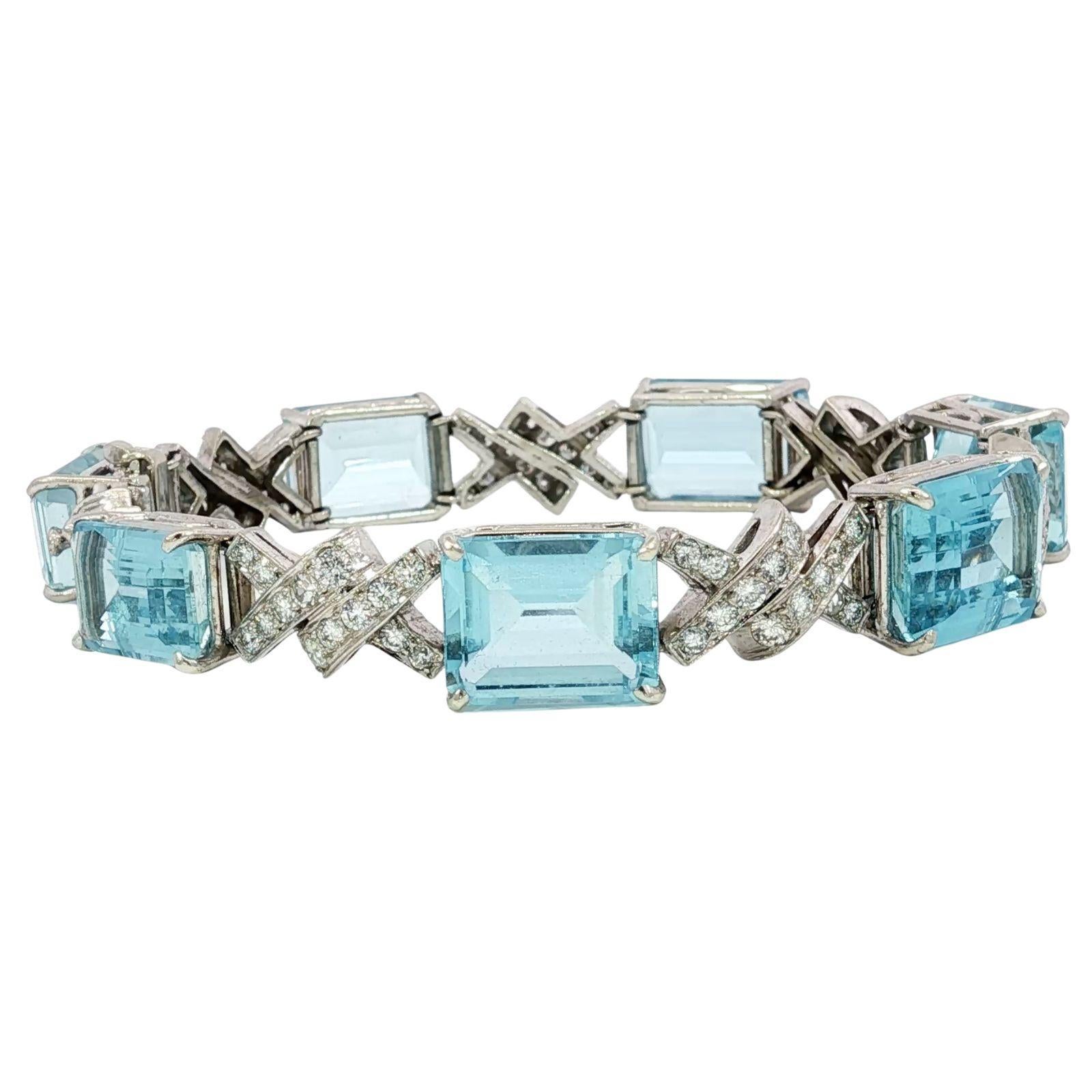Art Deco Aquamarin-Diamant-Armband ~35,9ctw 14K Weißgold im Angebot 2