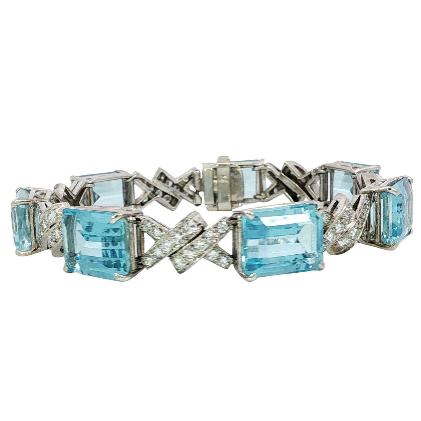 Art Deco Aquamarin-Diamant-Armband ~35,9ctw 14K Weißgold im Angebot 3