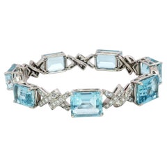 Bracelet Art Déco Aigue Marine Diamant ~35.9ctw 14K or blanc
