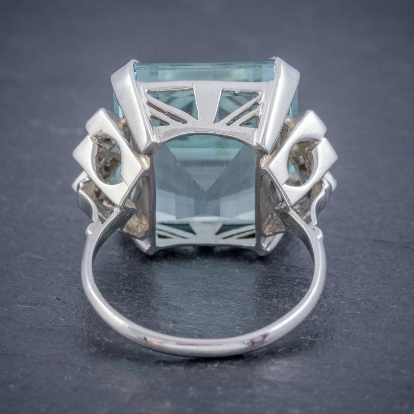 Emerald Cut Art Deco Aquamarine Diamond Cocktail Ring in 25 Carat Aqua For Sale