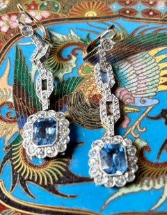 Art Deco Aquamarine & Diamond Dangle Earrings, mounted in Platinum. Ca. 1920's