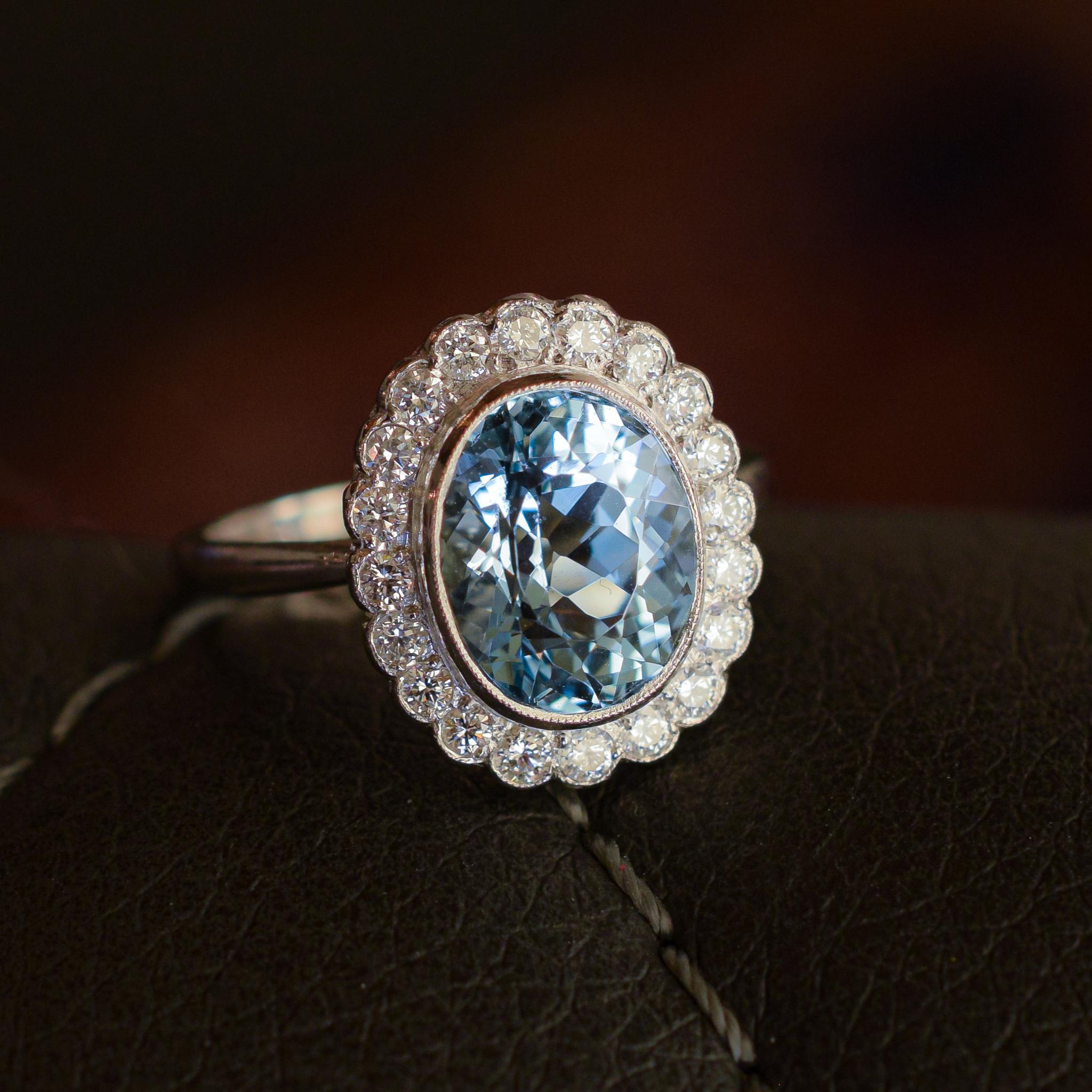 Art Deco Aquamarine Diamond Flower Cluster Ring 2