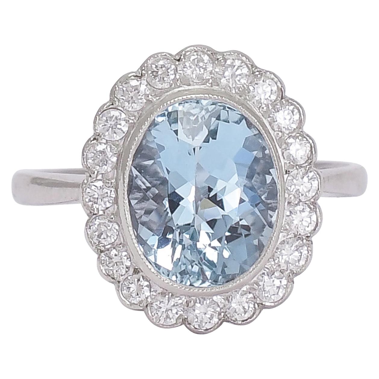 Art Deco Aquamarine Diamond Flower Cluster Ring