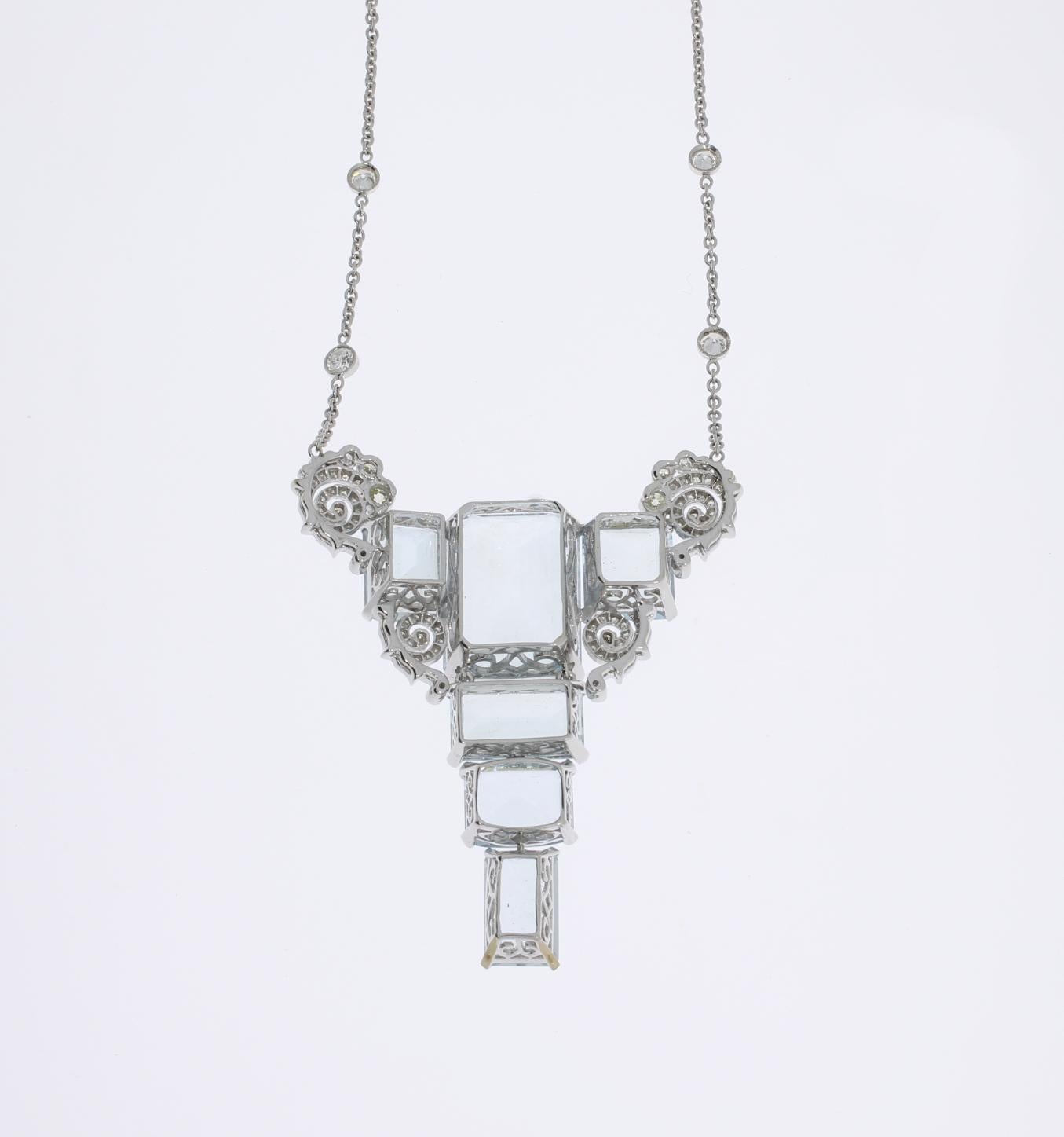 Women's Art Deco Aquamarine Diamond Gold Pendant Necklace