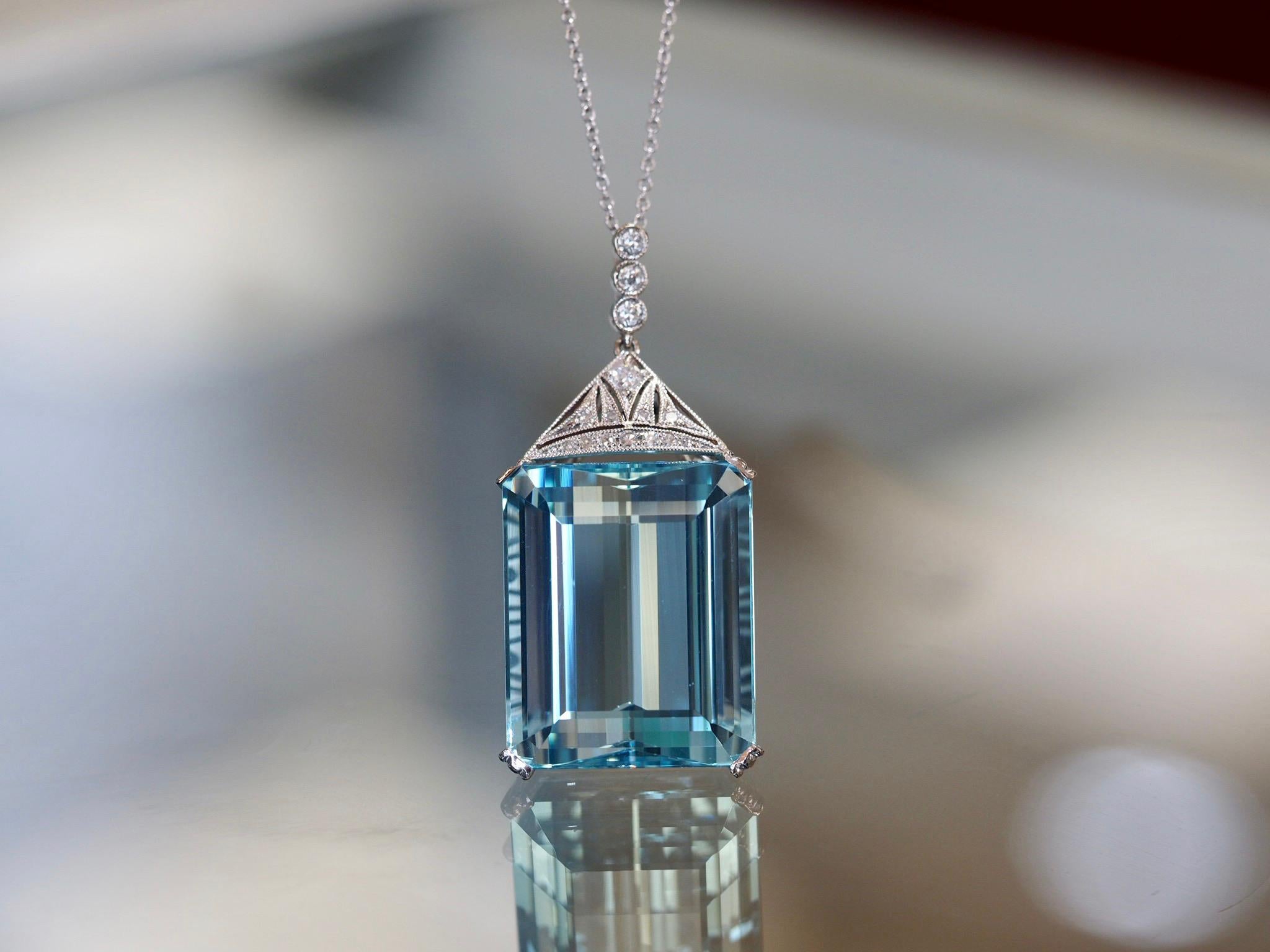 Emerald Cut Art Deco Aquamarine Diamond Necklace