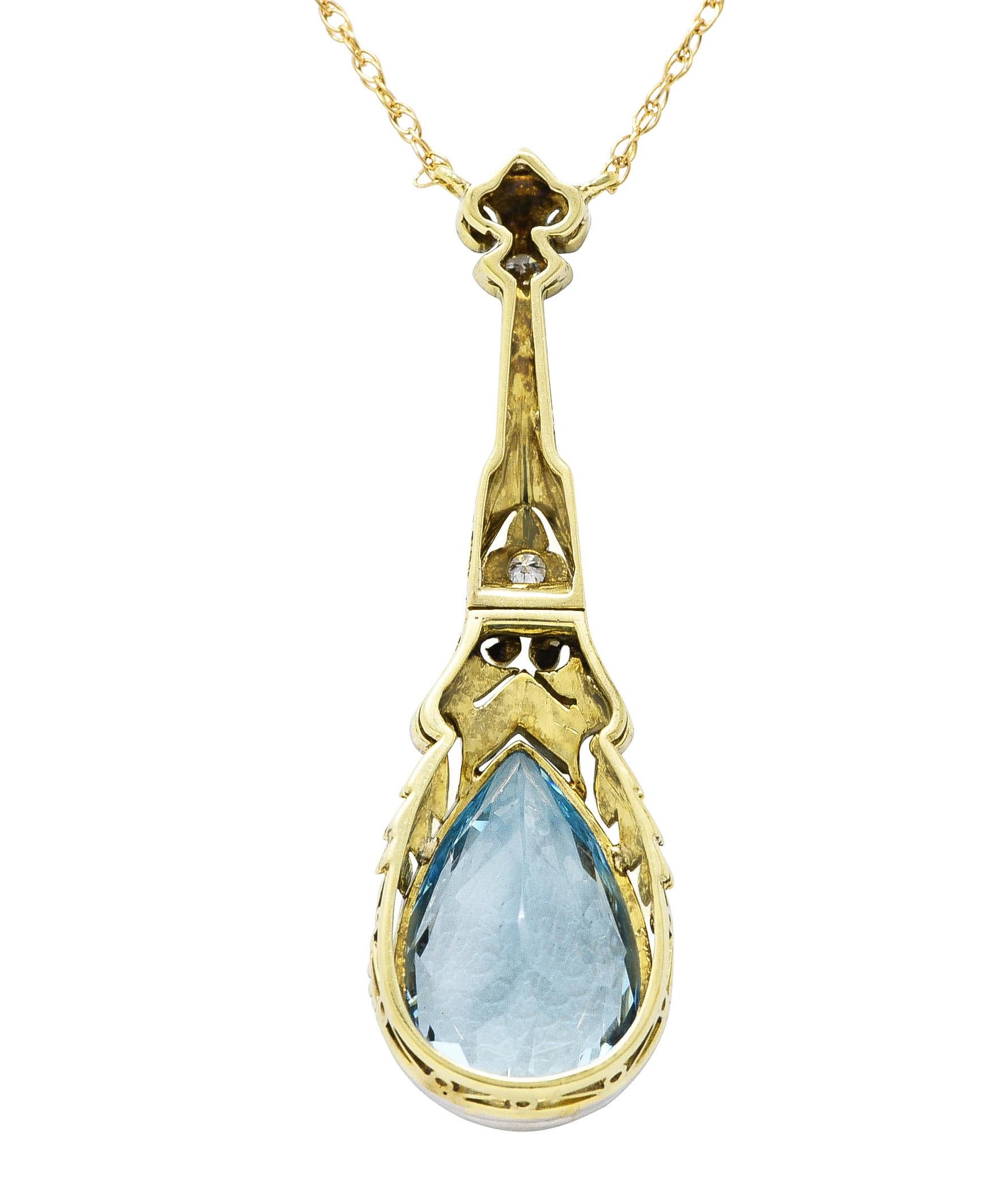 Pear Cut Art Deco Aquamarine Diamond Platinum 14 Karat Yellow Gold Pendant Necklace