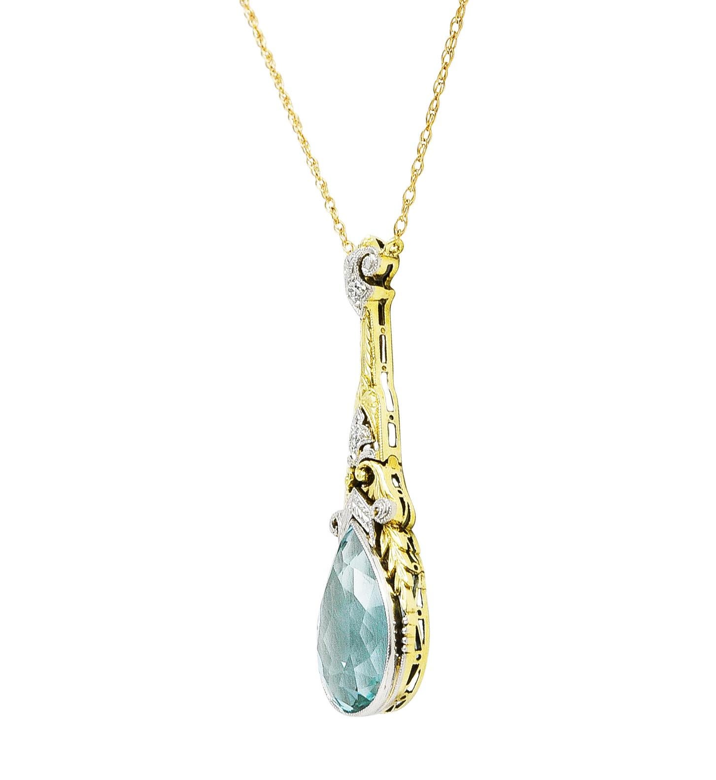 Art Deco Aquamarine Diamond Platinum 14 Karat Yellow Gold Pendant Necklace In Excellent Condition In Philadelphia, PA