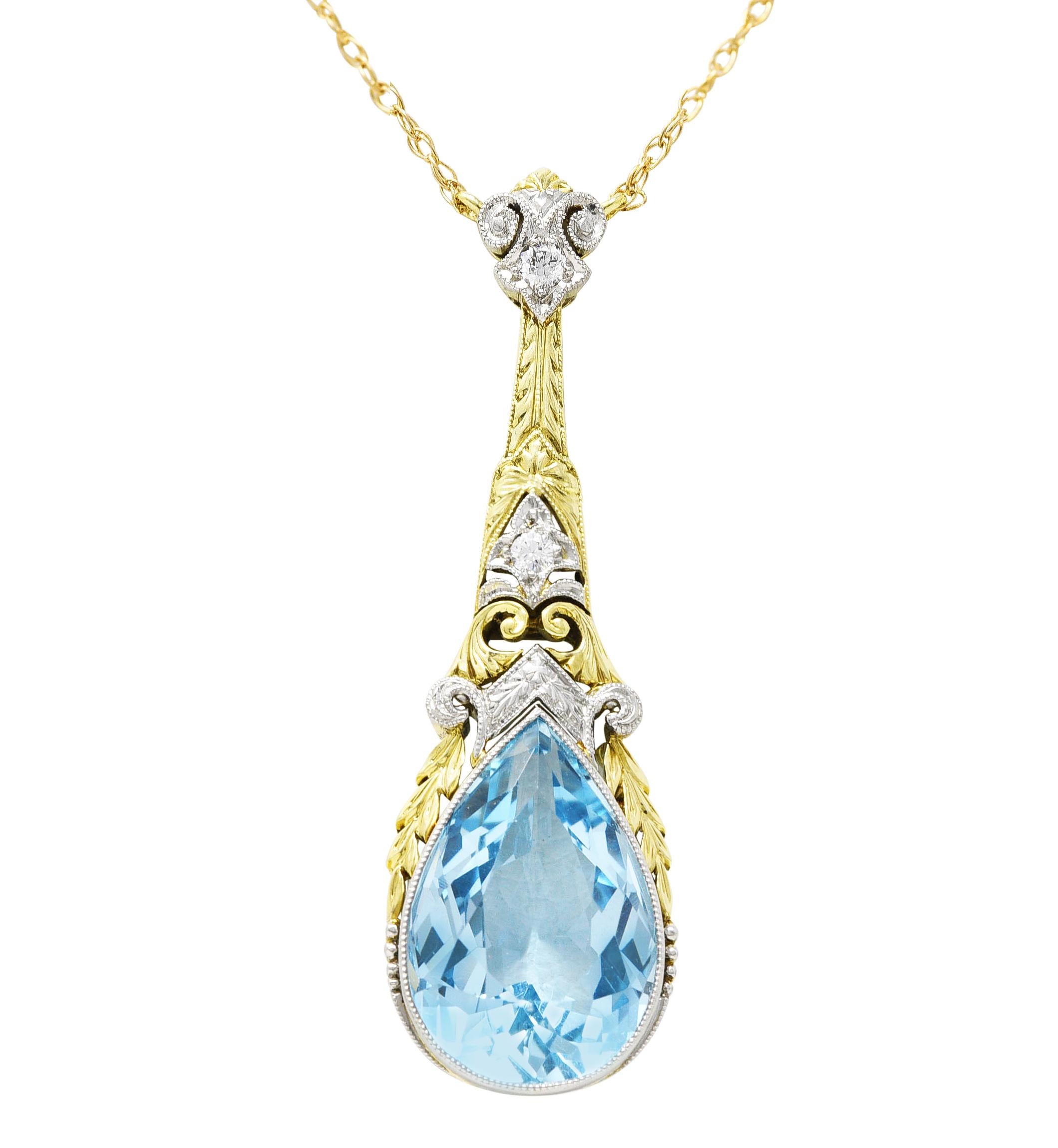 Women's or Men's Art Deco Aquamarine Diamond Platinum 14 Karat Yellow Gold Pendant Necklace