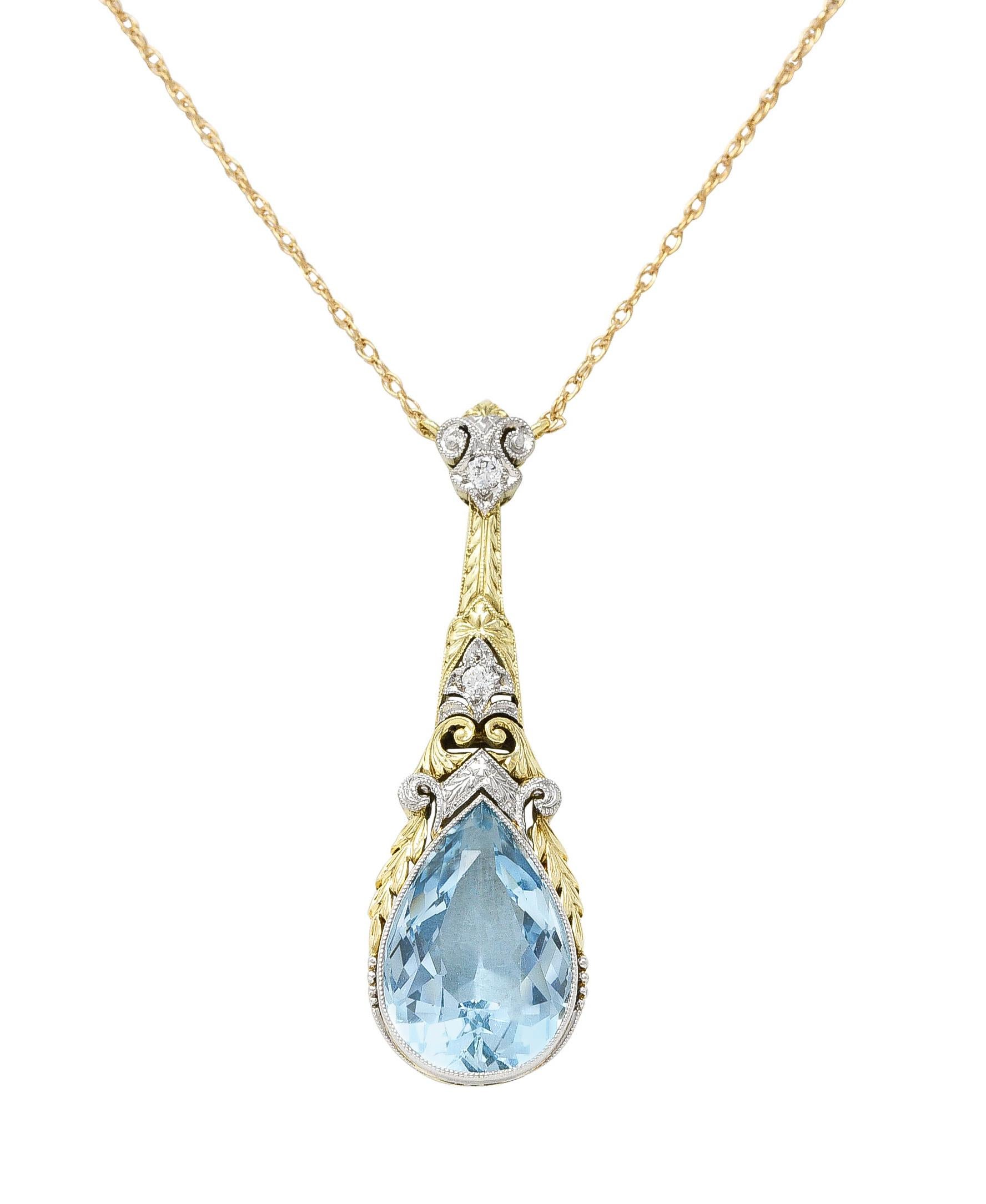 Art Deco Aquamarine Diamond Platinum 14 Karat Yellow Gold Pendant Necklace 4