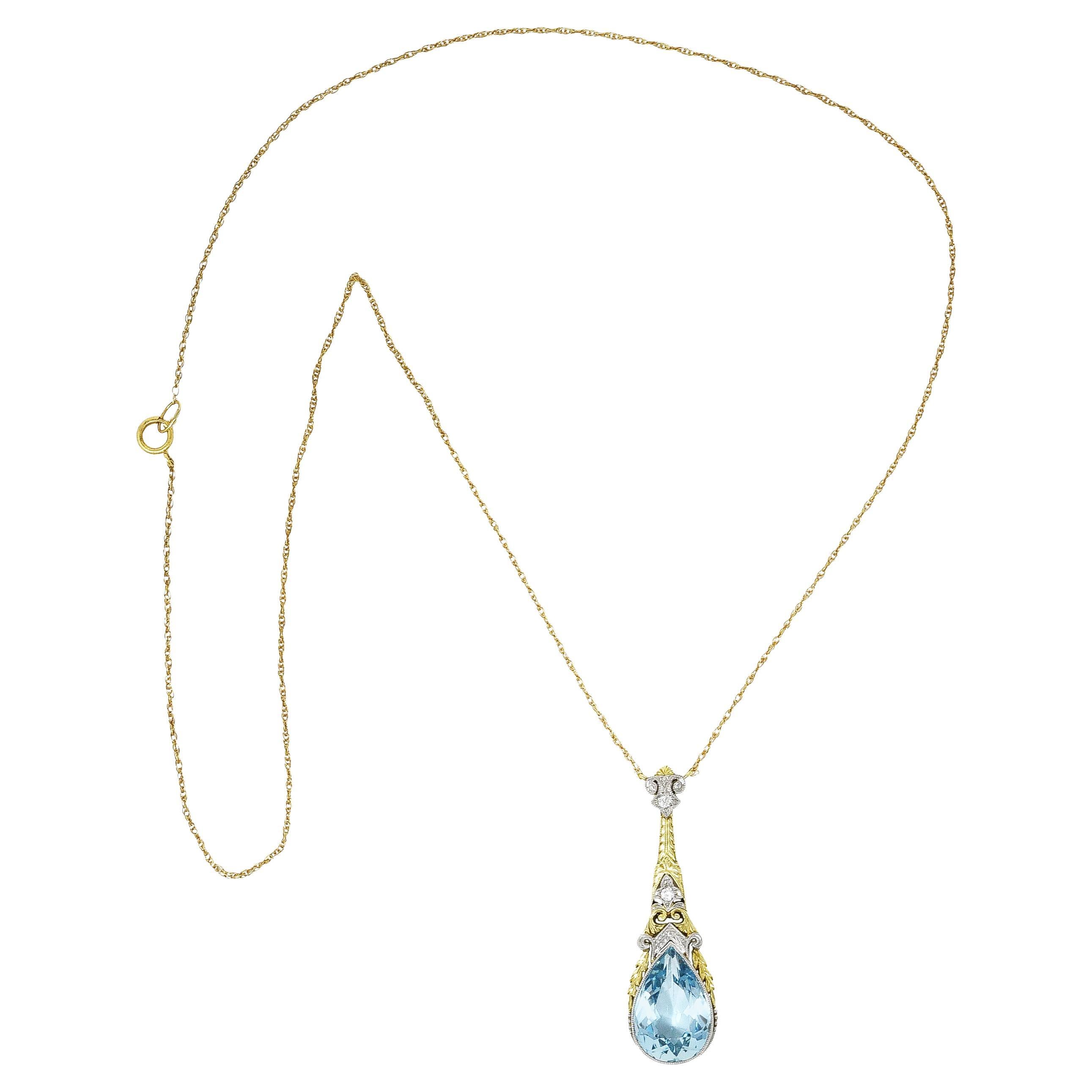 Art Deco Aquamarine Diamond Platinum 14 Karat Yellow Gold Pendant Necklace
